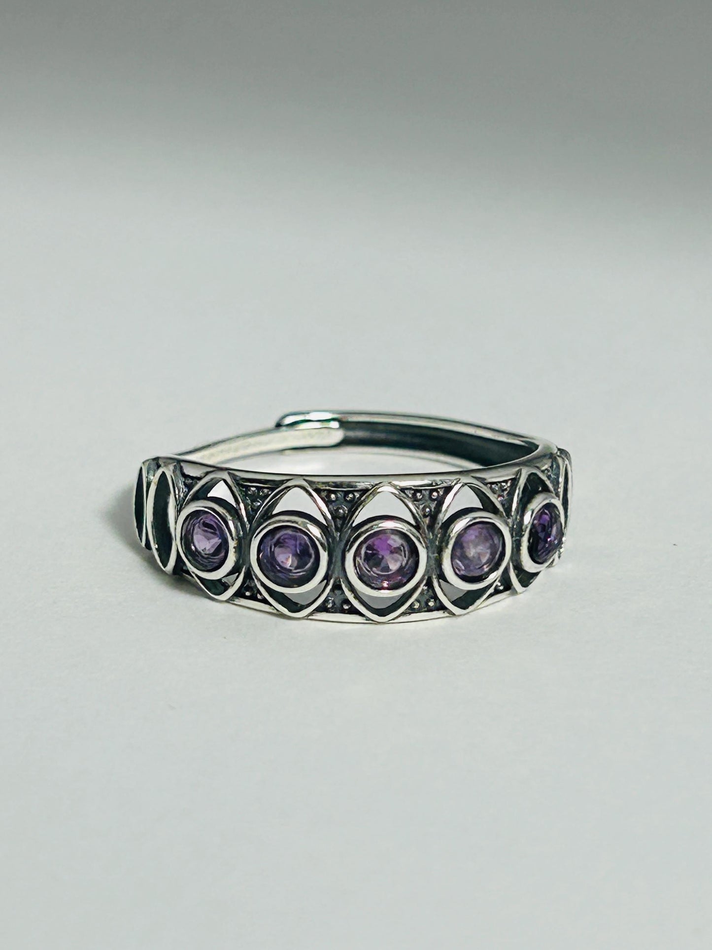 Amethyst Ring with Cut Out Design • 925 Sterling Silver • Adjustable • Gift box