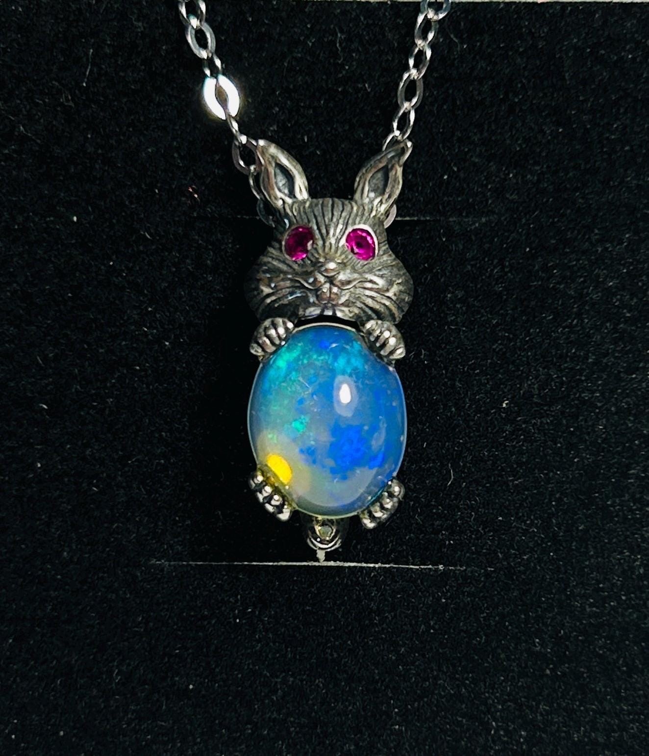 Rabbit Pendant with Opal Gemstone • 925 Sterling Silver • Gift Box
