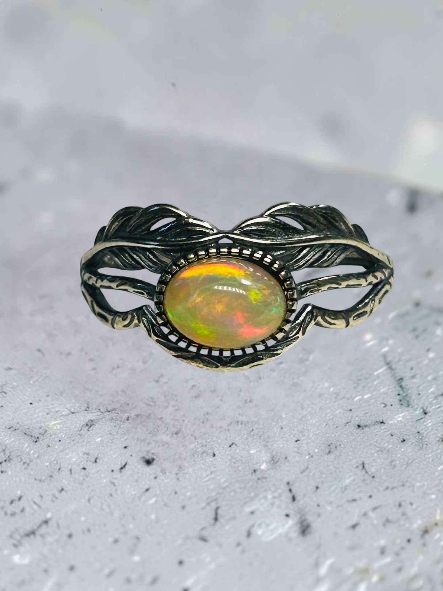 Vine Leaf Ring with Rainbow Opal Gemstone • 925 Sterling Silver • Adjustable • Gift Box