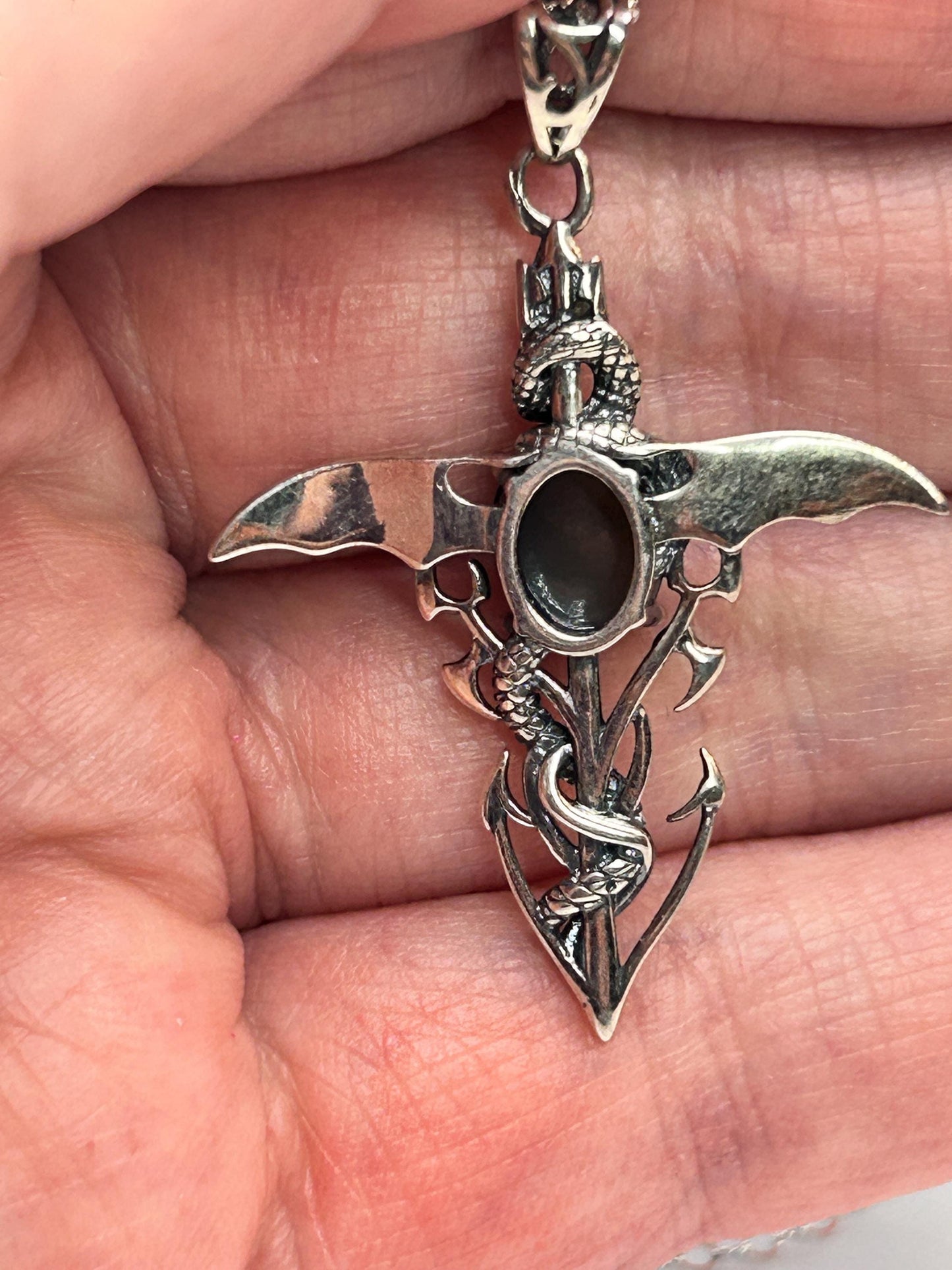 Dragon Cross Pendant with Black Opal Gemstone • 925 Sterling Silver • Gift box