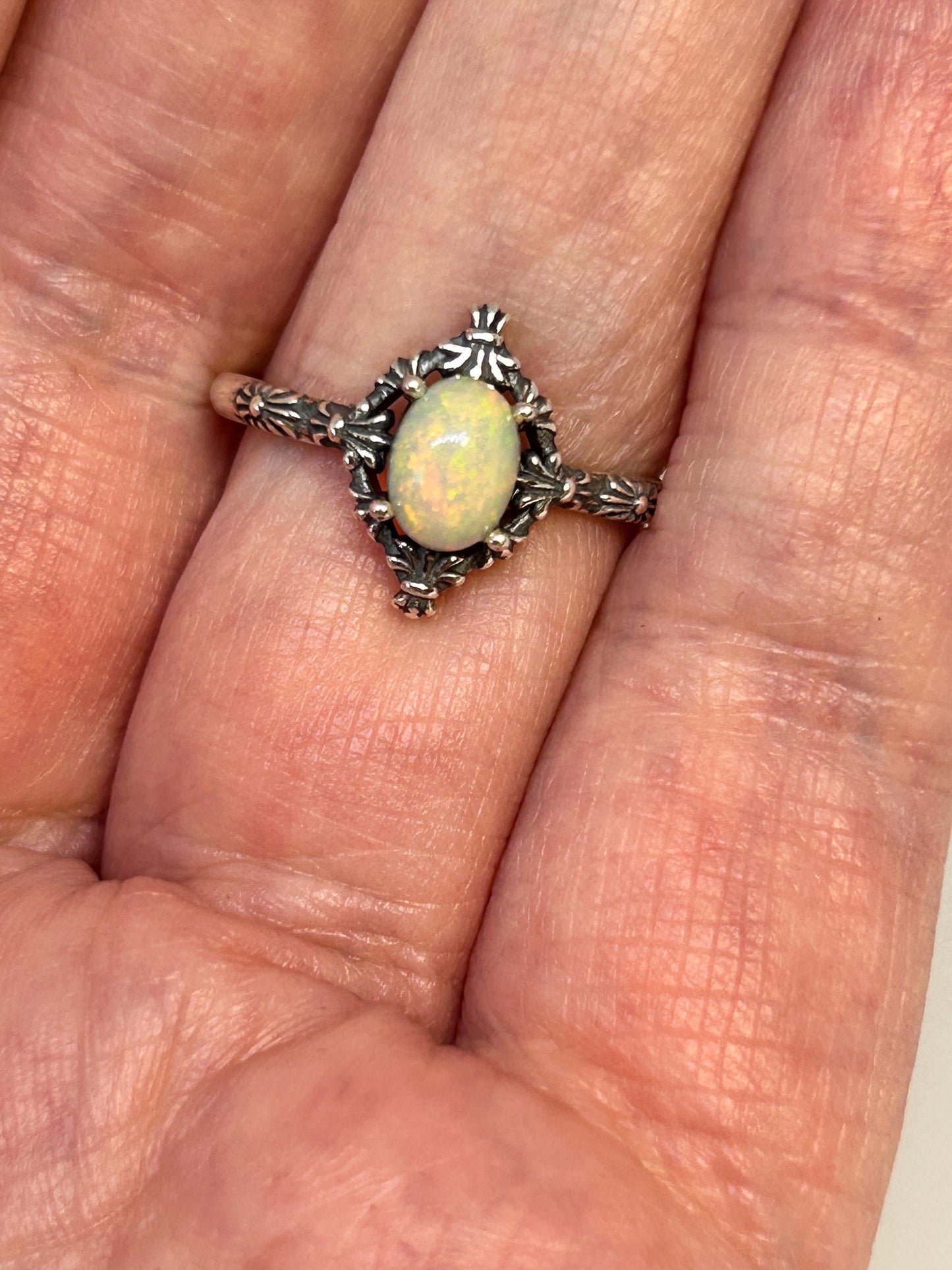 Fleur De Lys Ring with Opal Gemstone • 925 Sterling Silver • Adjustable • Gift Box