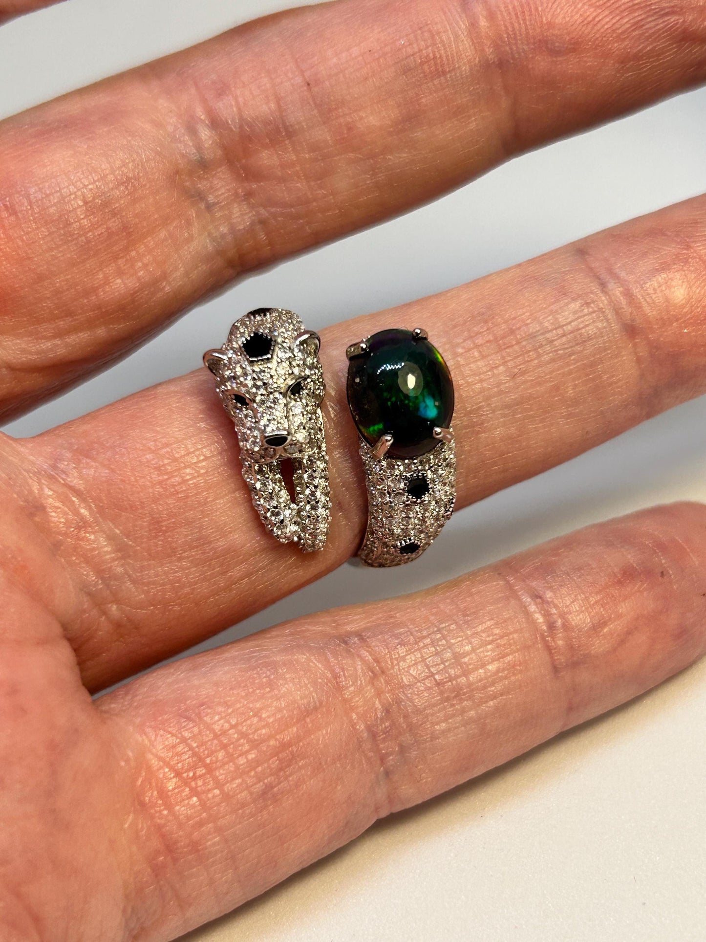 Crystal Encrusted Leopard Ring with Black Opal Gemstone • 925 Sterling Silver • Adjustable • Gift Box