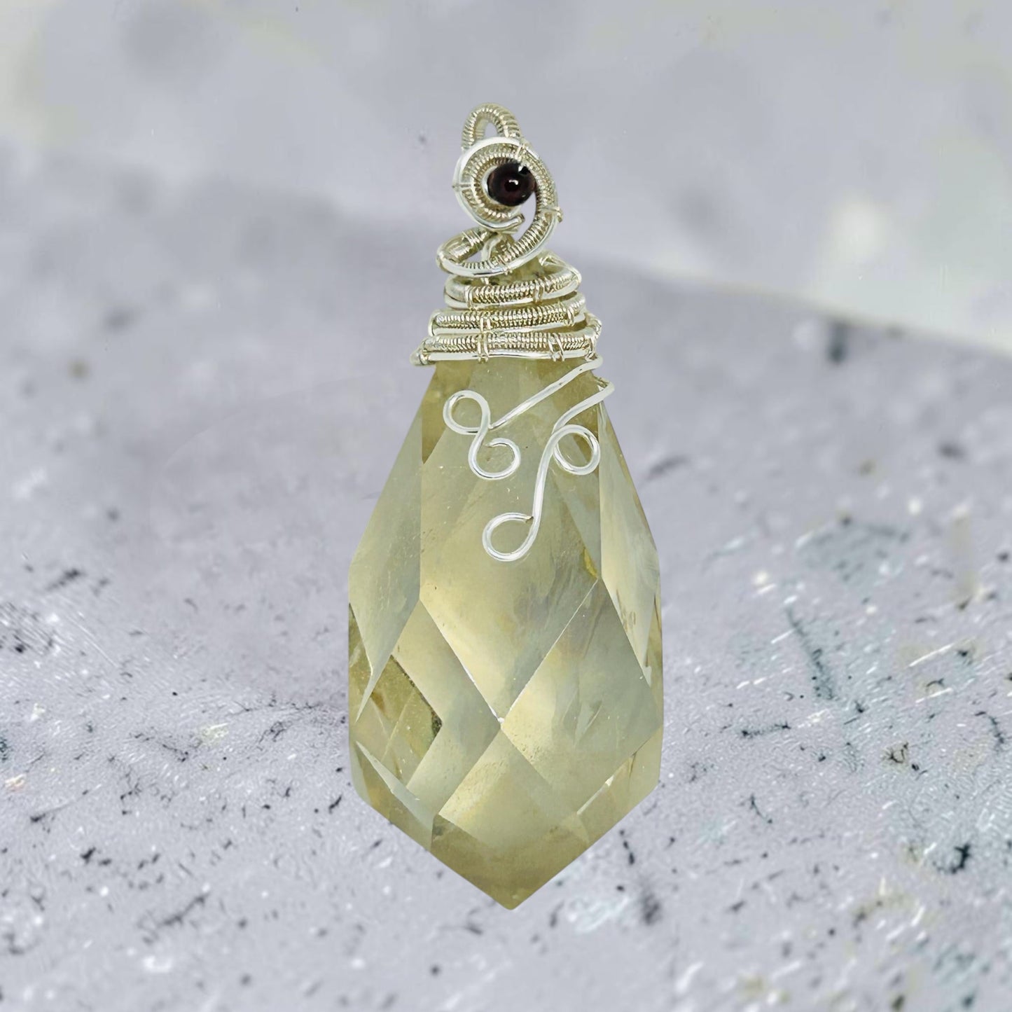 Faceted Citrine Pendant with Garnet Bead • Wire Wrapped Teardrop • Gift Box
