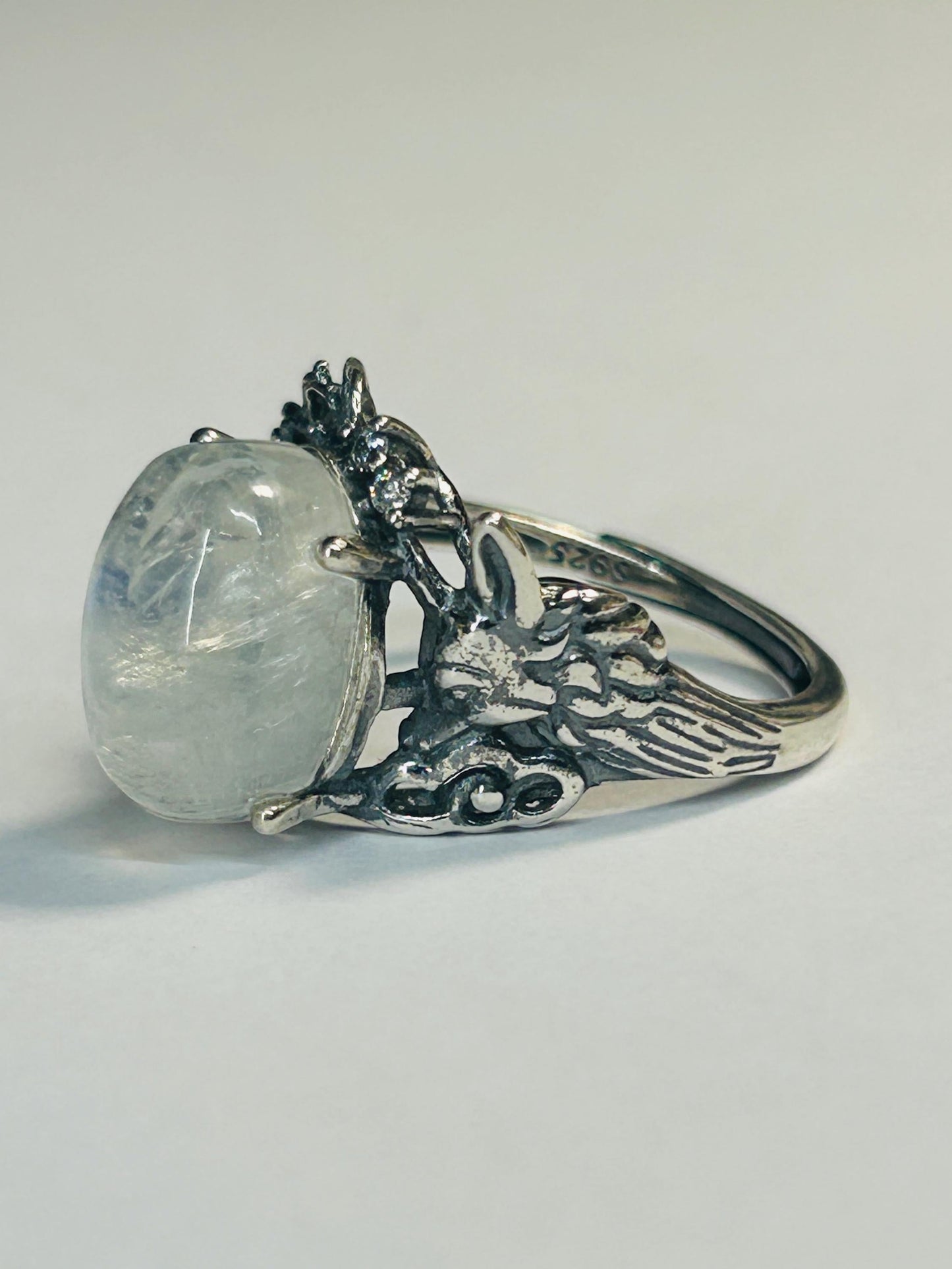 925 Silver Moonstone Ring • Fox Design • Adjustable • Giftbox