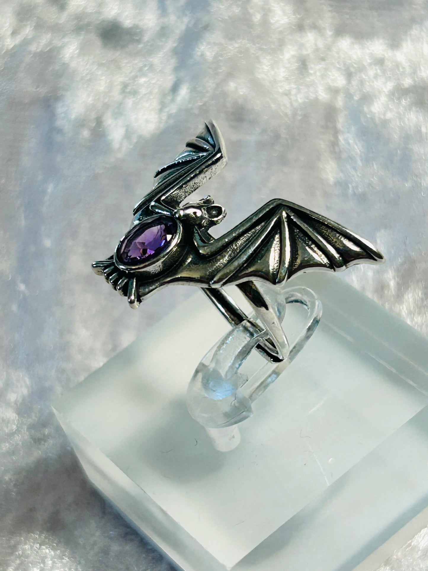 Large Gothic Bat Ring with Faceted Amethyst Gemstone • 925 Sterling Silver • Adjustable • Gift Box