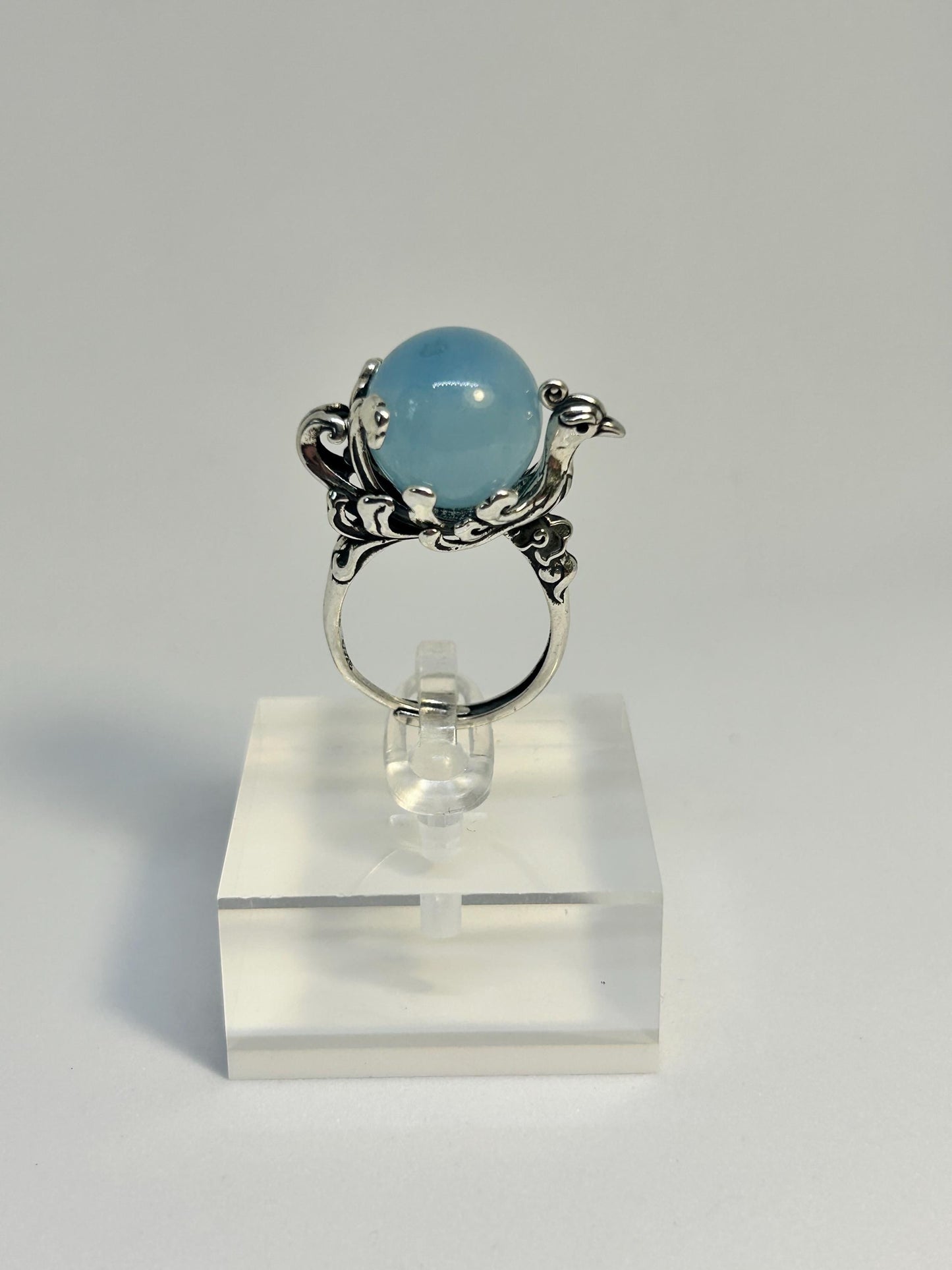 Large Phoenix Ring with Aquamarine Sphere Gemstone • 925 Sterling Silver • Adjustable • Gift Box