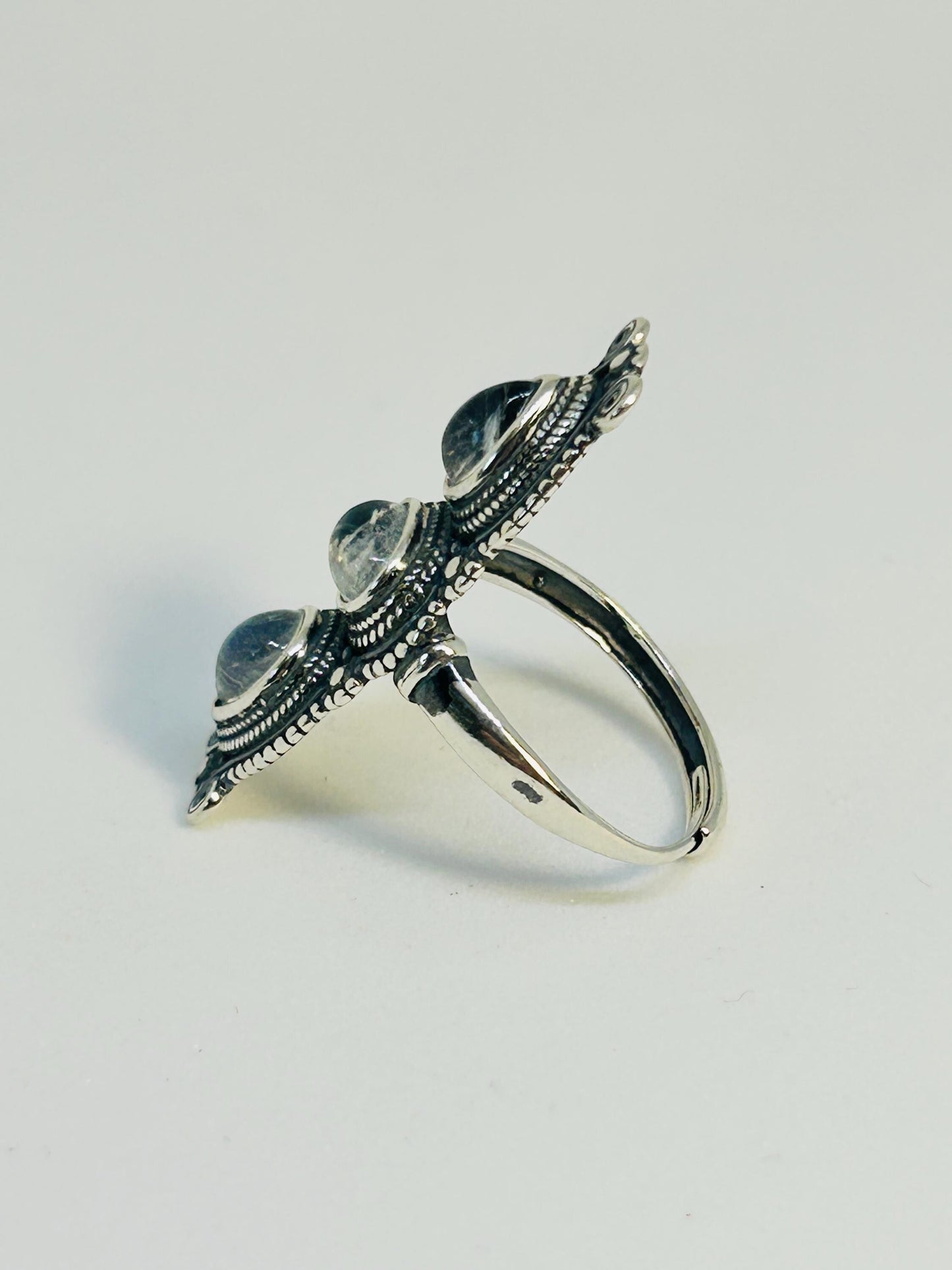 Bohemian Ring with Three Moonstone Gemstones • 925 Sterling Silver • Adjustable • Gift Box