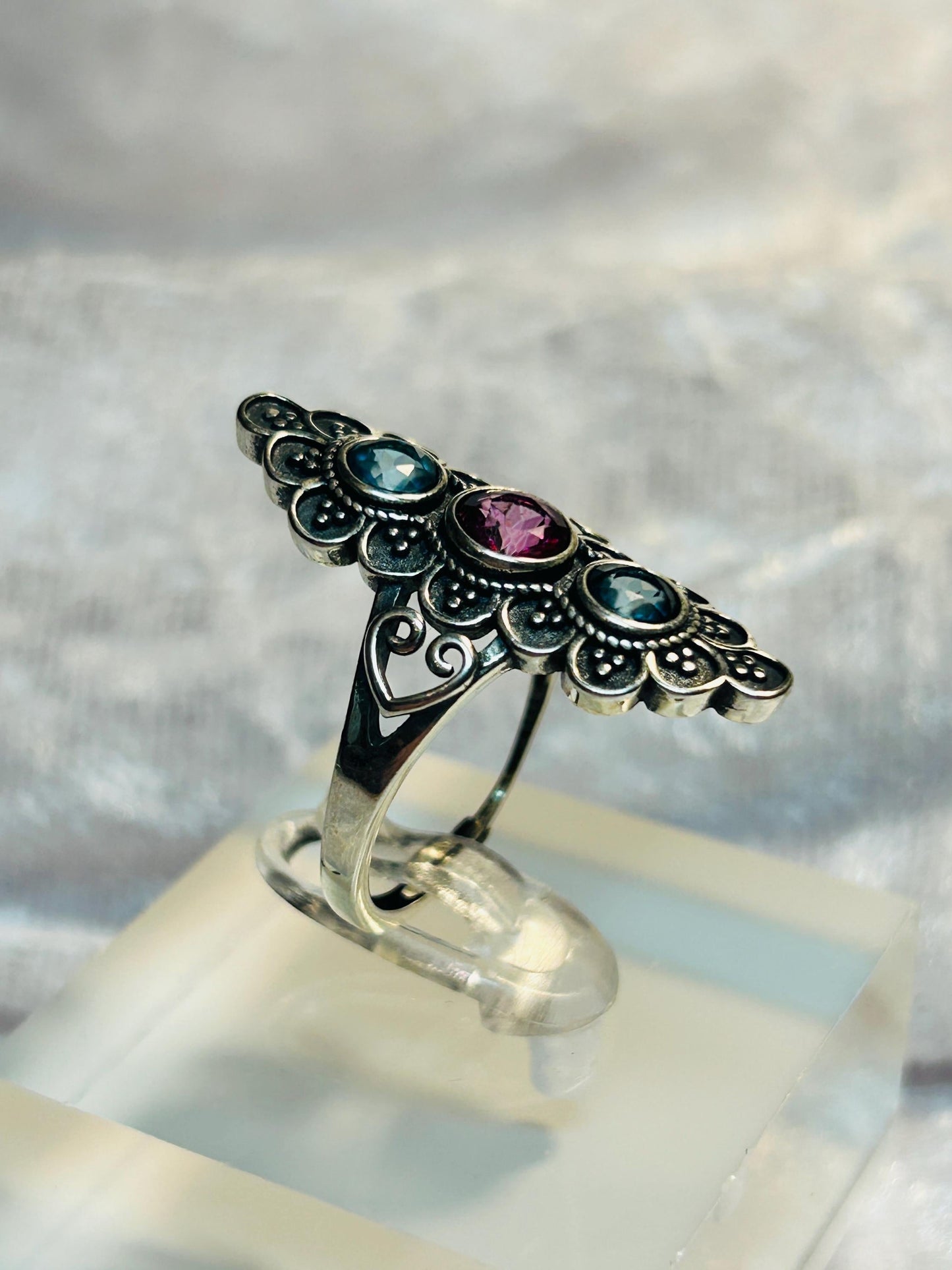 Ornate Triple Gemstone Ring with Topaz • 925 Sterling Silver • Adjustable • Gift Box
