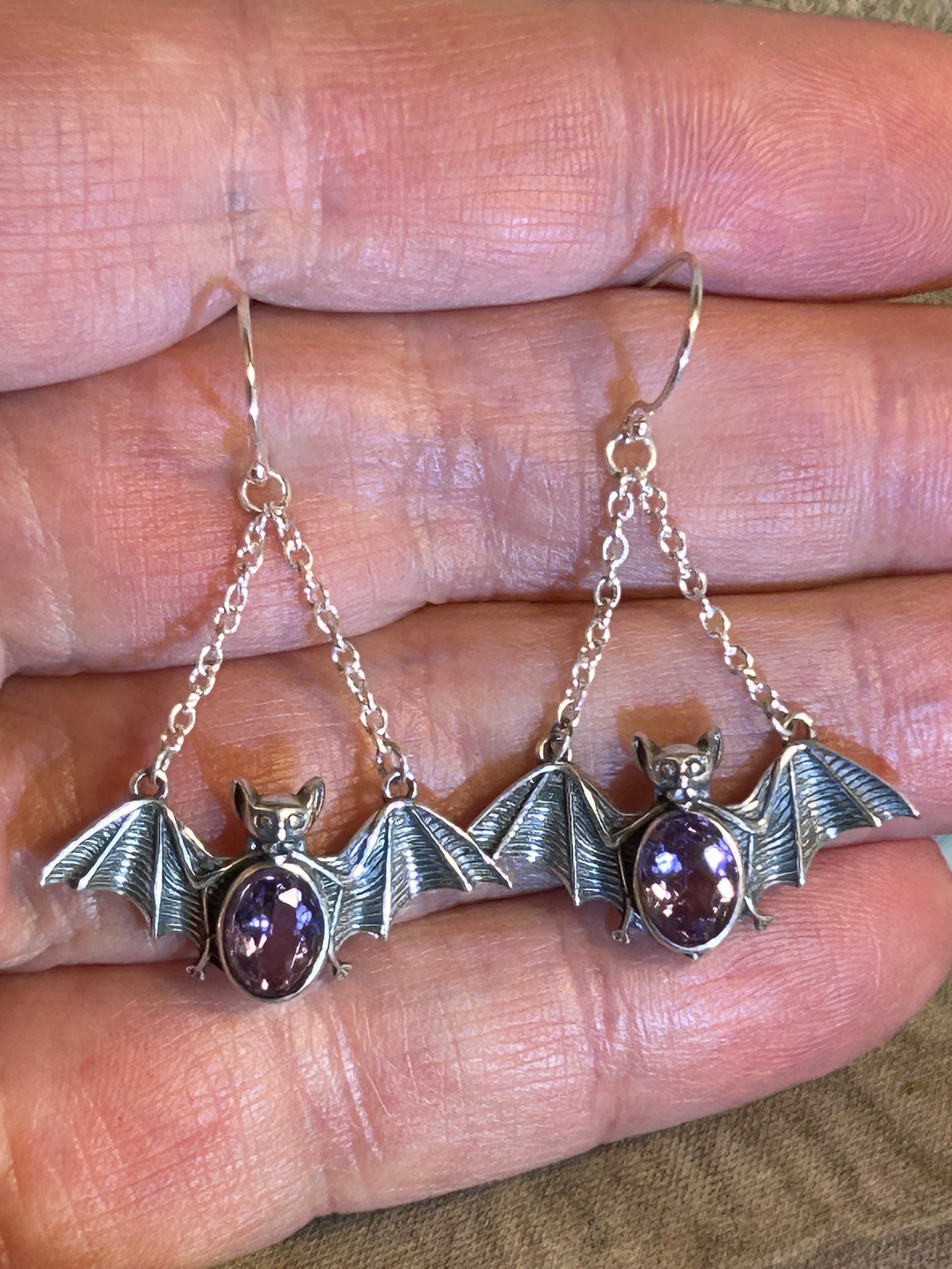 Bat Dropper Earrings with Amethyst Gemstone • 925 Sterling Silver • Gift box