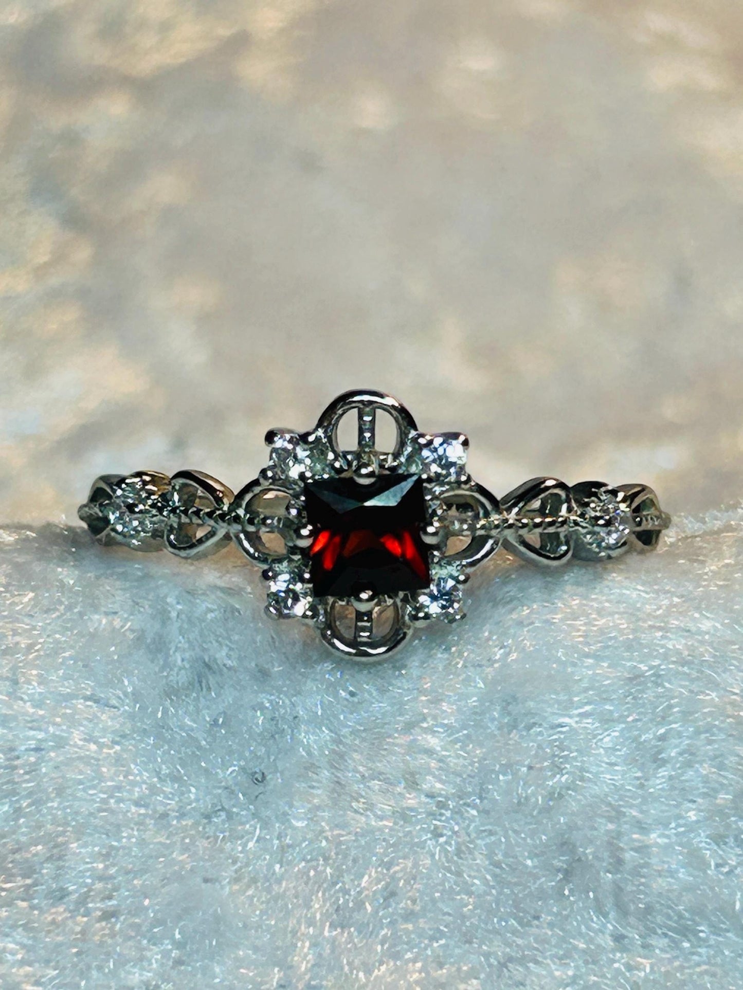 Ornate Garnet Ring with CZ Accents • 925 Sterling Silver • Adjustable • Gift Box