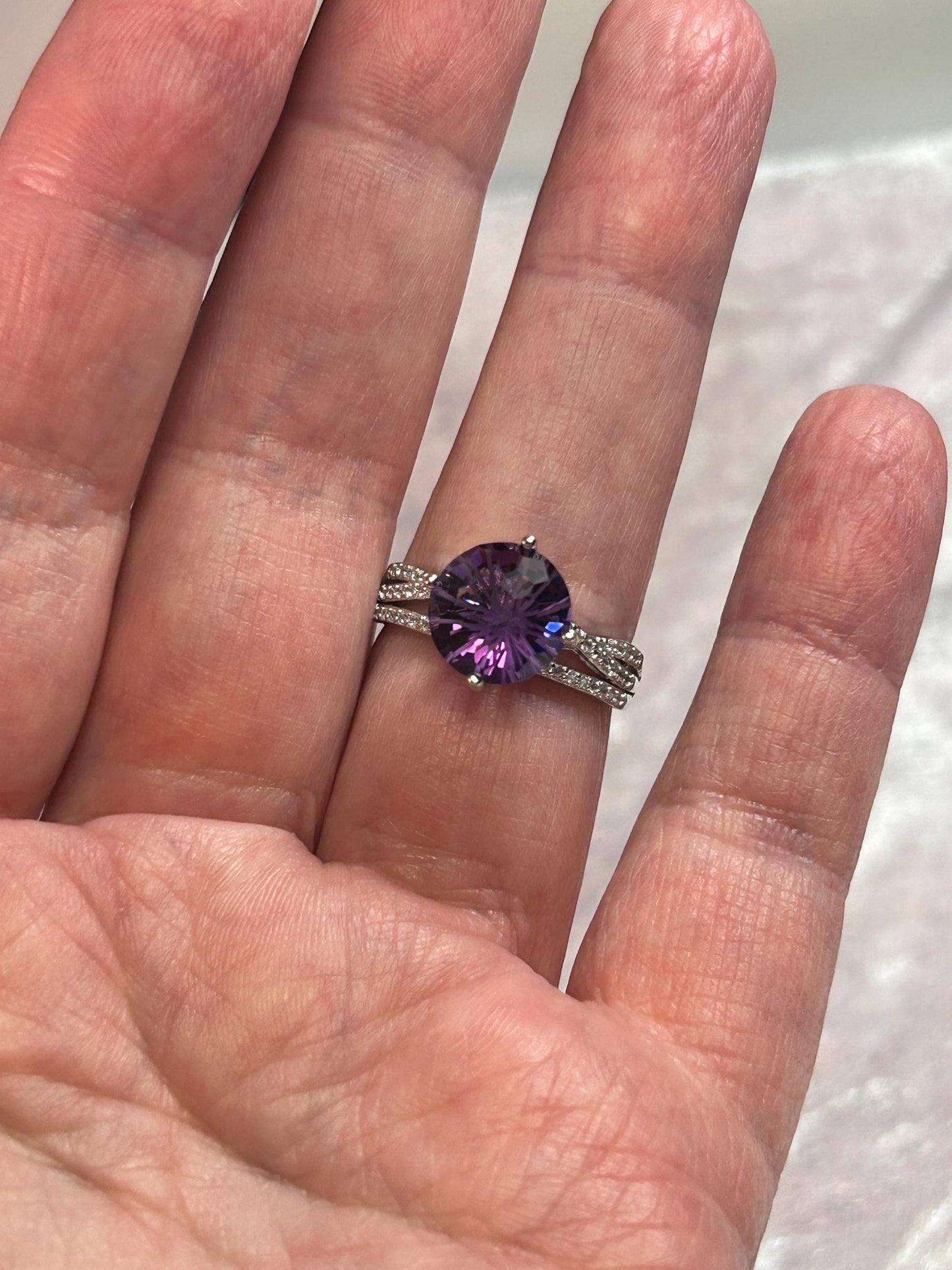 Chunky Amethyst Ring • Large Solitaire • CZ Triple Band • 925 Sterling Silver • Adjustable • Gift Box