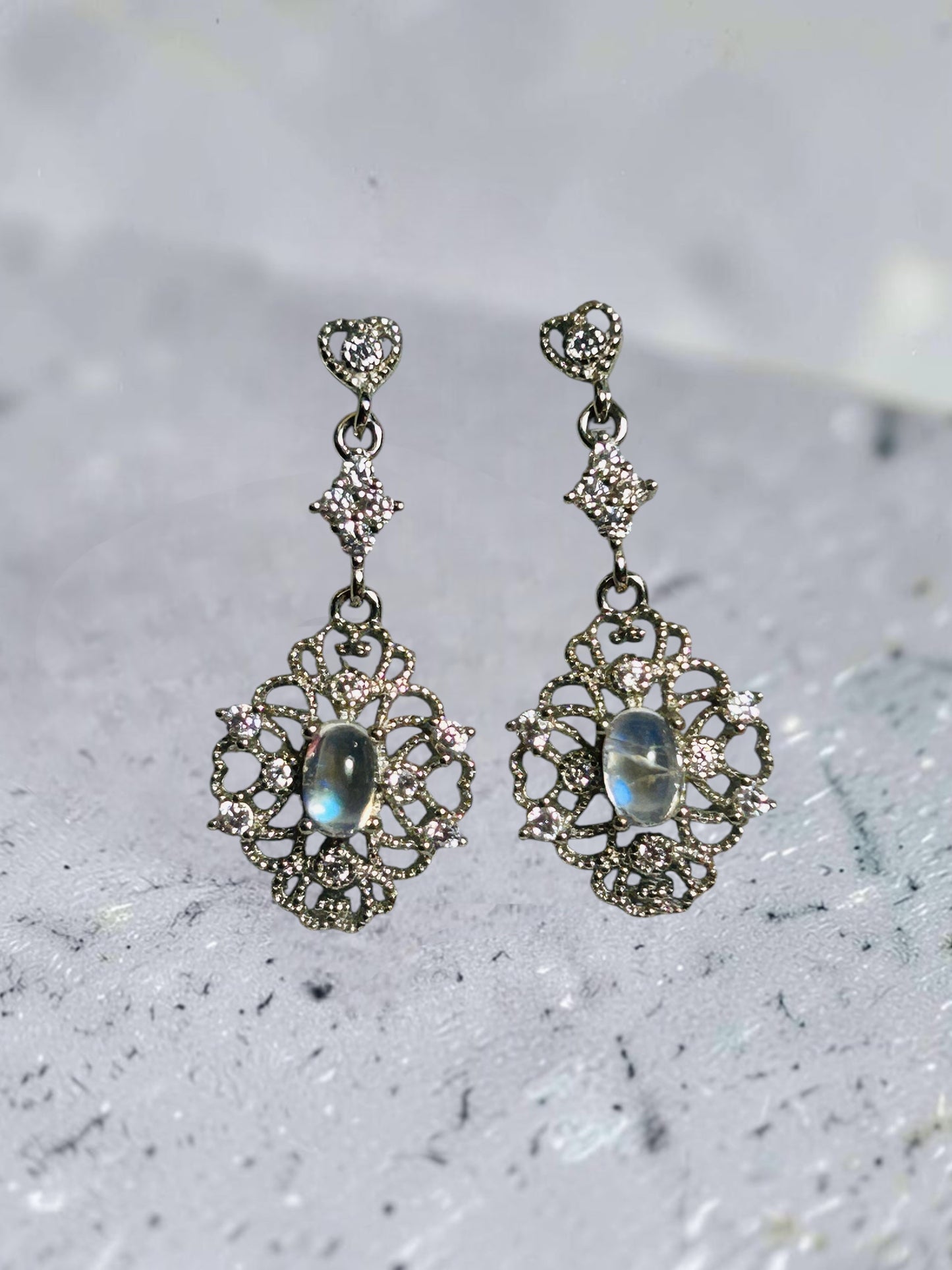 Ornate Dangle Earrings with Moonstone Gemstones • 925 Sterling Silver • Gift Box