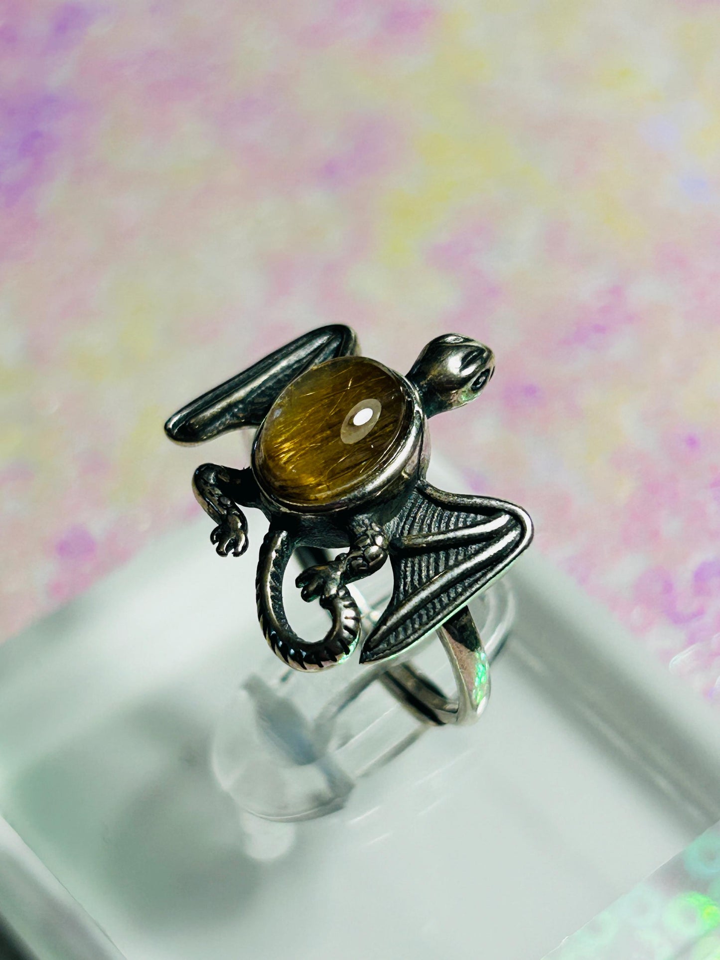 Silver Dragon Ring: Gold Rutilated Quartz Gemstone, Adjustable Band