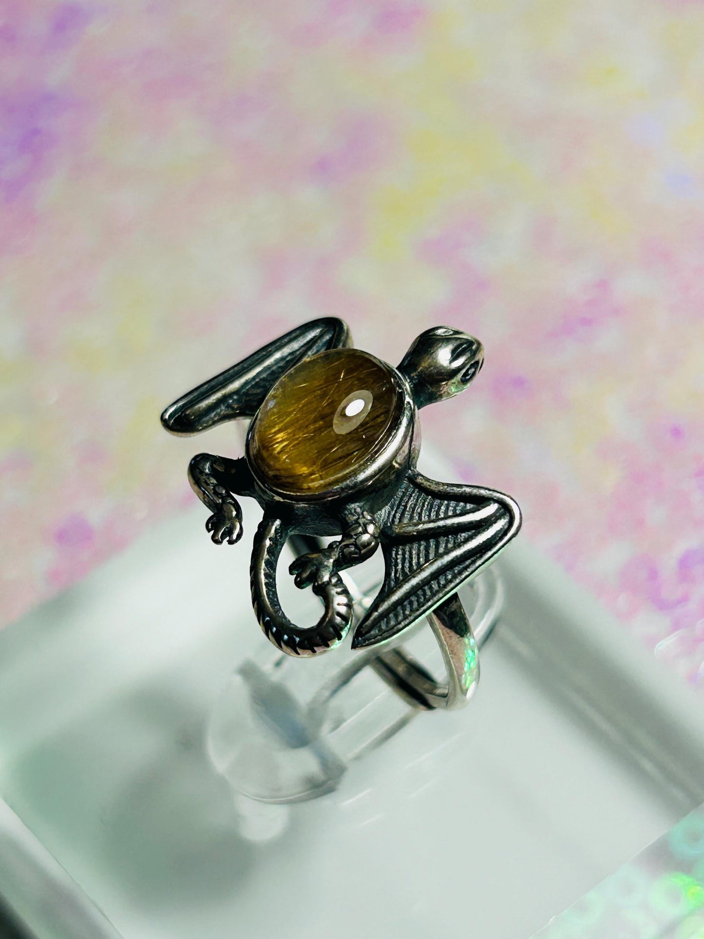 Fantasy Dragon Ring with Gold Rutilated Quartz Gemstone • 925 Sterling Silver • Adjustable • Gift Box