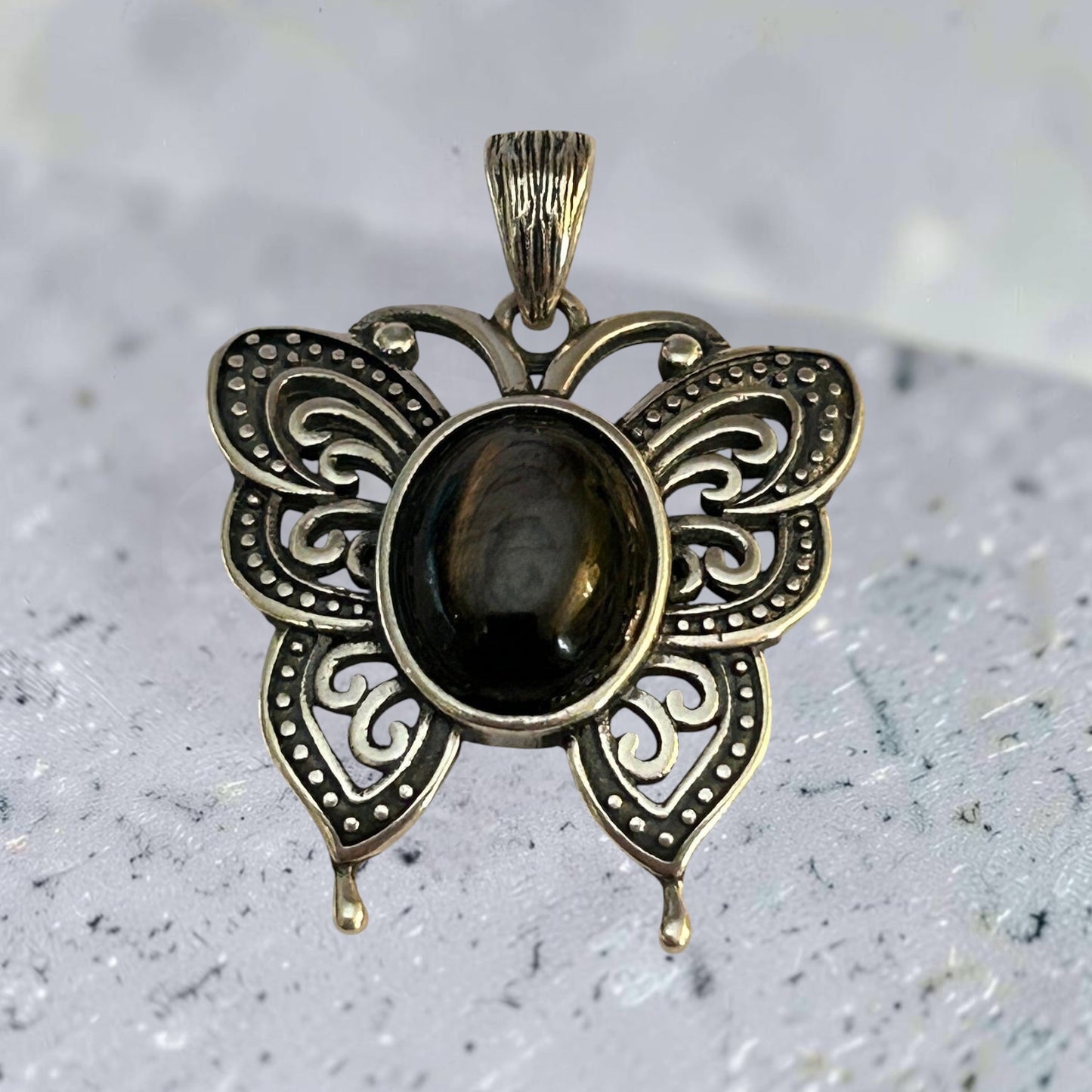 Butterfly Pendant with Hypersthene Gemstone • 925 Sterling Silver • Gift Box