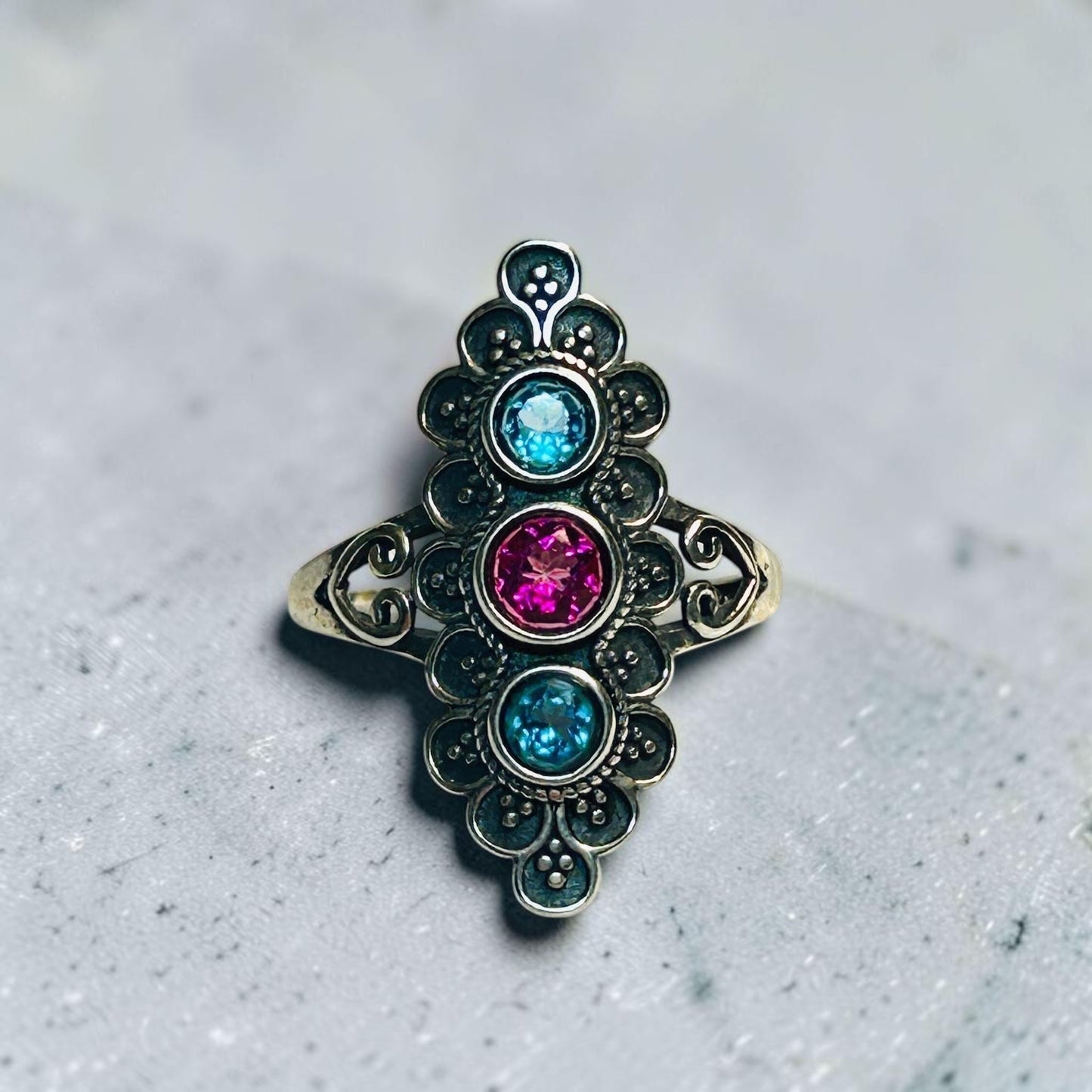 Ornate Triple Gemstone Ring with Topaz • 925 Sterling Silver • Adjustable • Gift Box