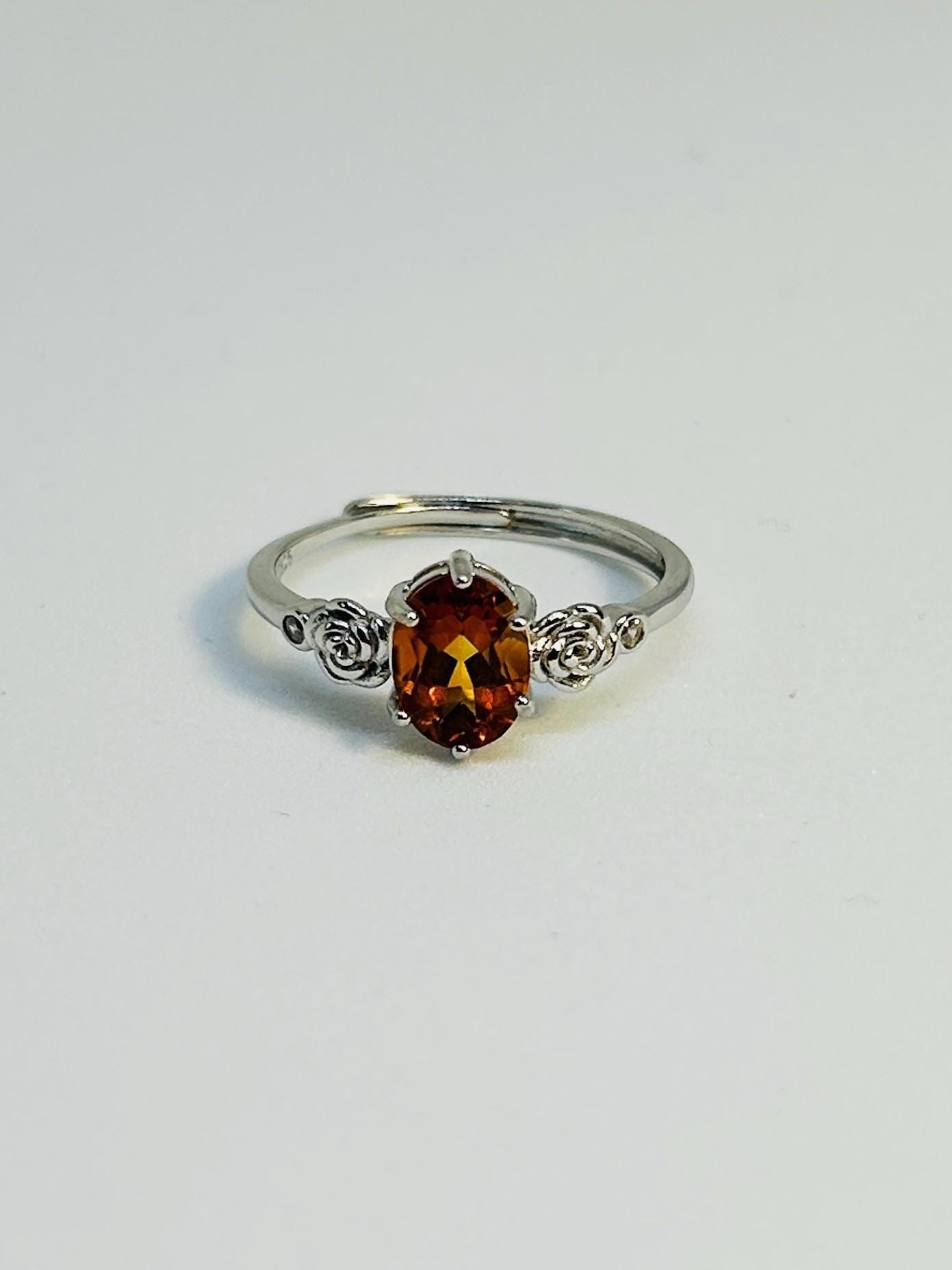 Floral Ring with Orange Citrine Gemstone • 925 Sterling Silver • Adjustable • Gift Box