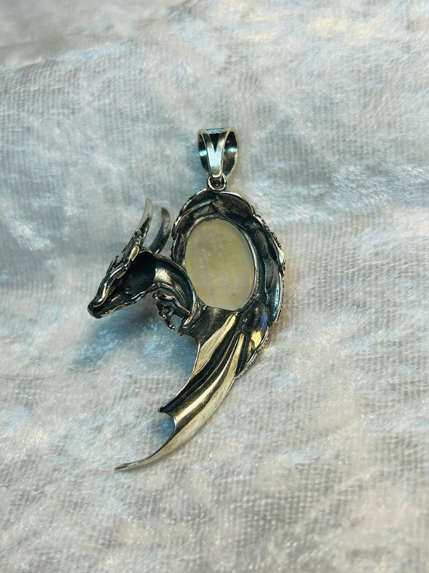 Large Dragon Pendant with Rainbow Moonstone Gemstone • 925 Sterling Silver • Gift Box
