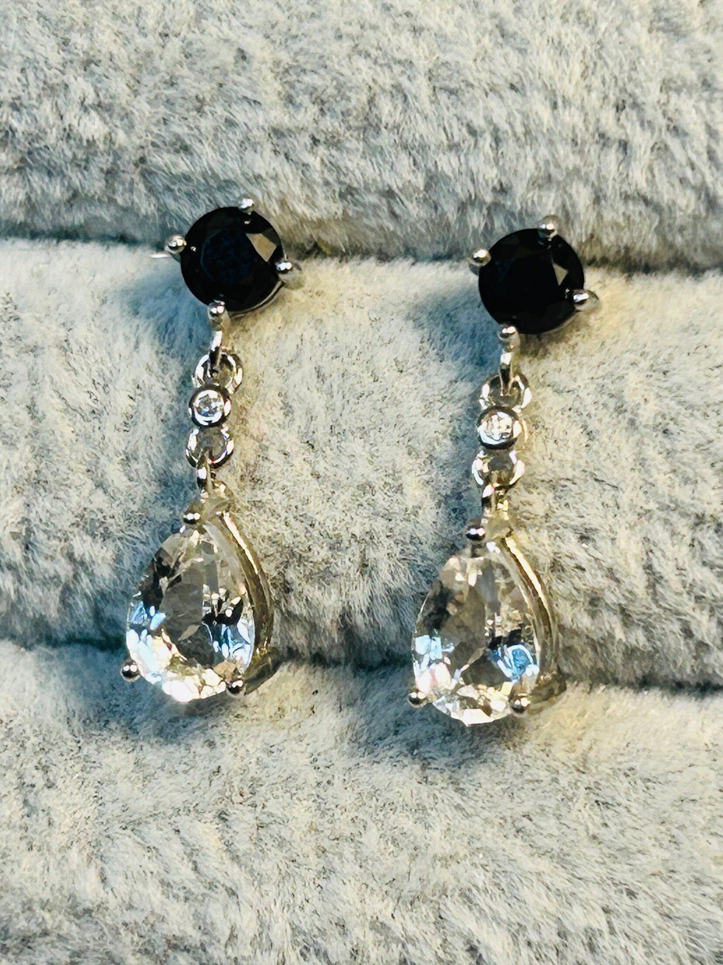 Clear Quartz Dropper Earrings with Black Spinel • 925 Sterling Silver • Gift Box