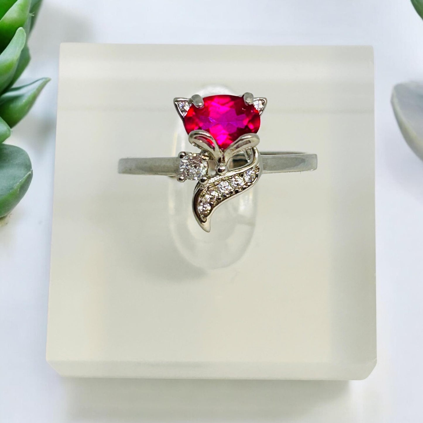 Dainty Fox Ring with Pink Topaz Gemstone & CZ Accents • 925 Sterling Silver • Adjustable • Gift Box