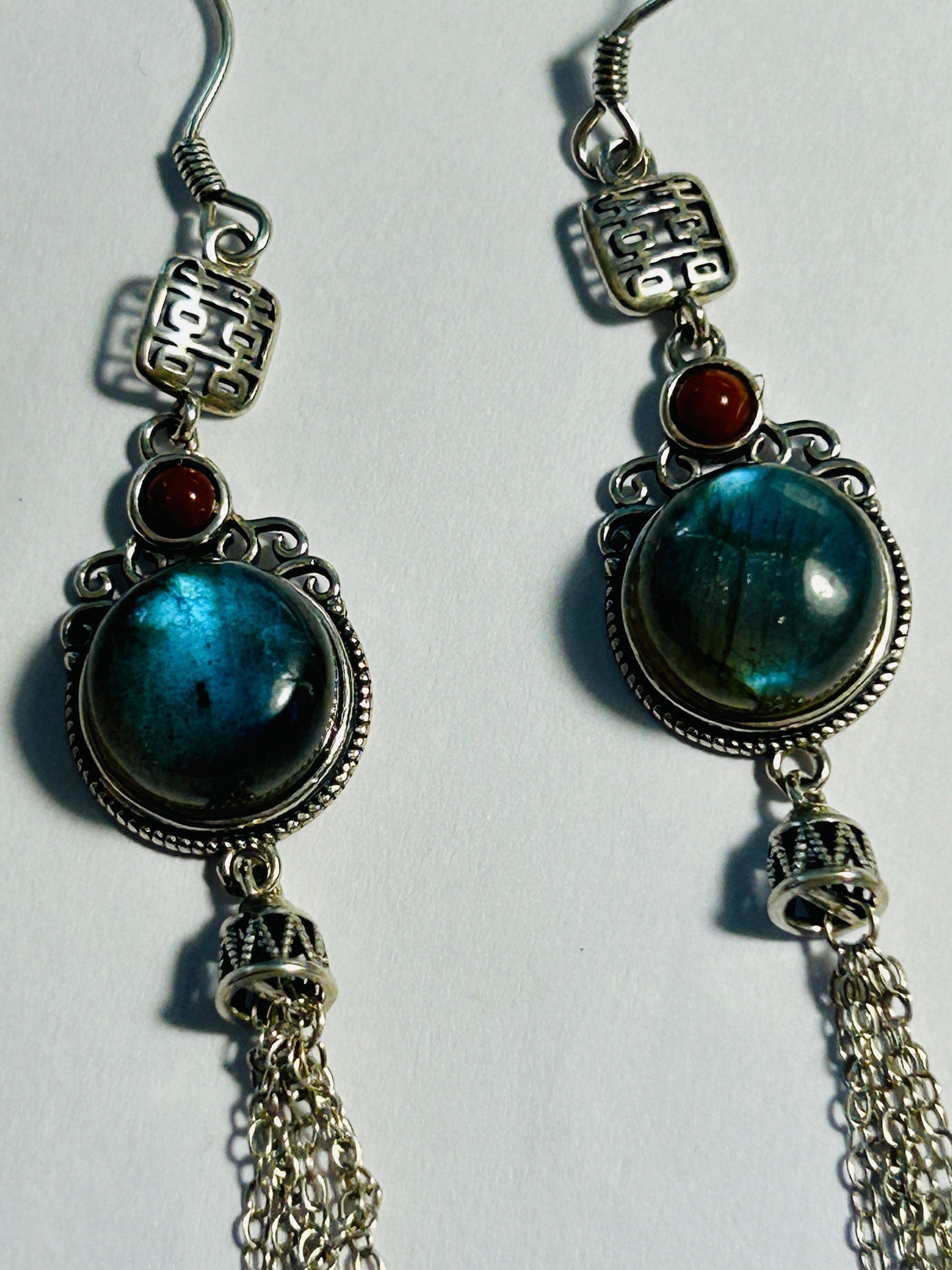 Labradorite Earrings with Tassel Chain Droppers • 925 Sterling Silver • Gift Box