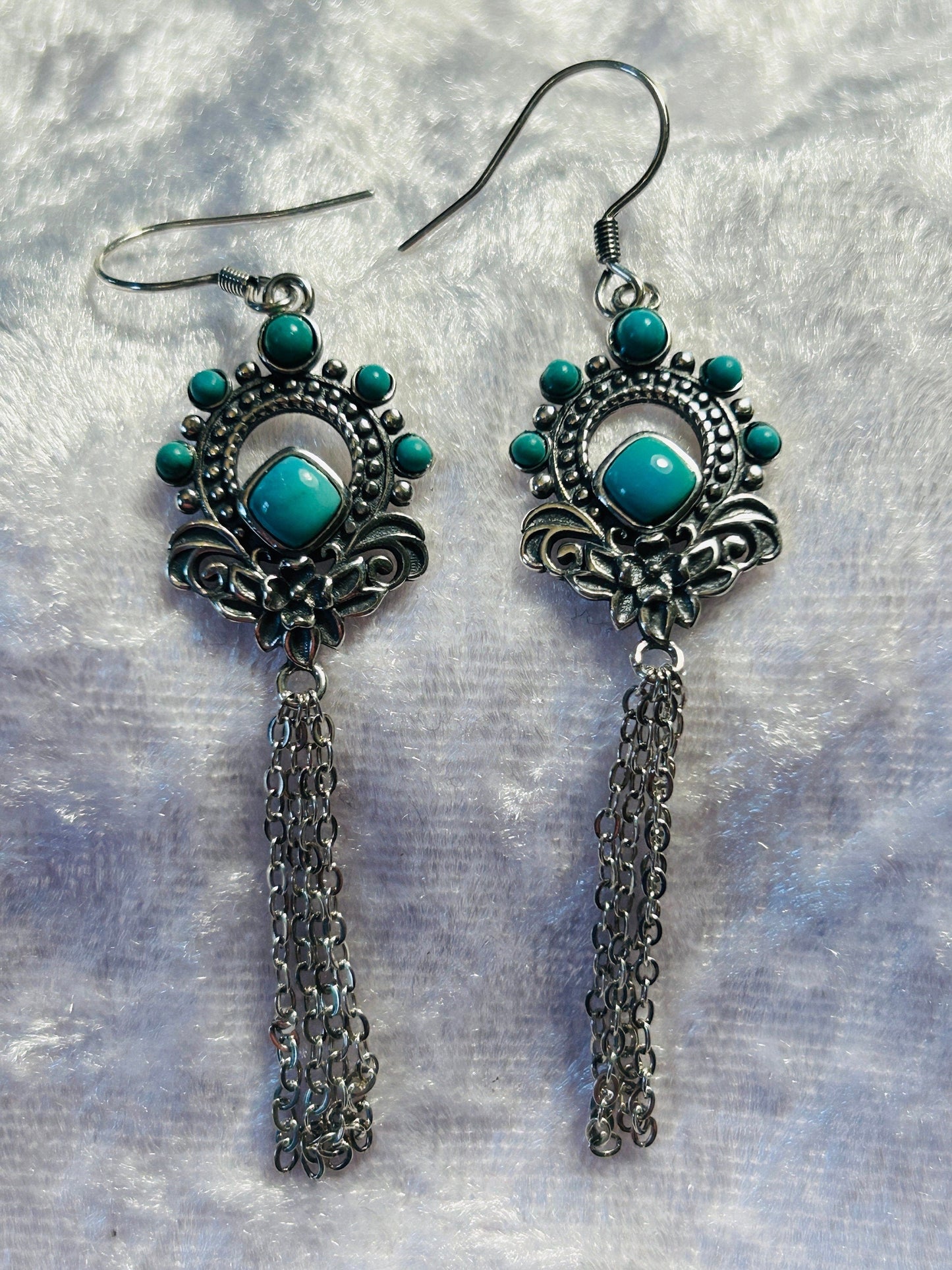 Ornate Dropper Earrings with Turquoise Gemstones • 925 Sterling Silver • Gift Box