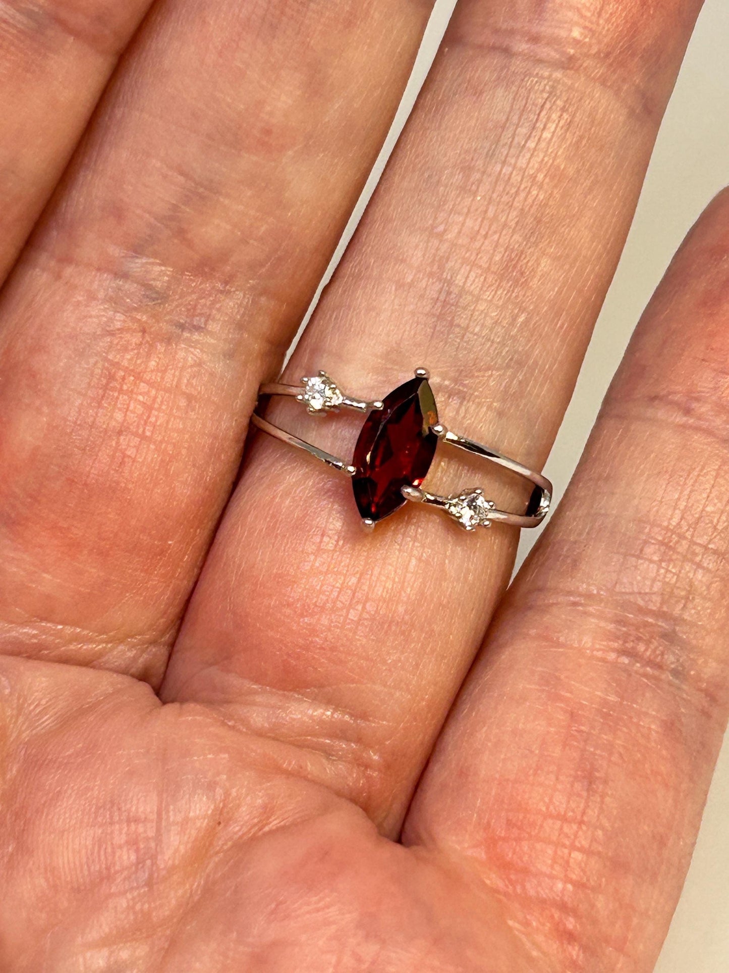 Double Banded Ring with Marquise Cut Garnet Gemstone & CZ Accents • 925 Sterling Silver • Adjustable • Gift Box