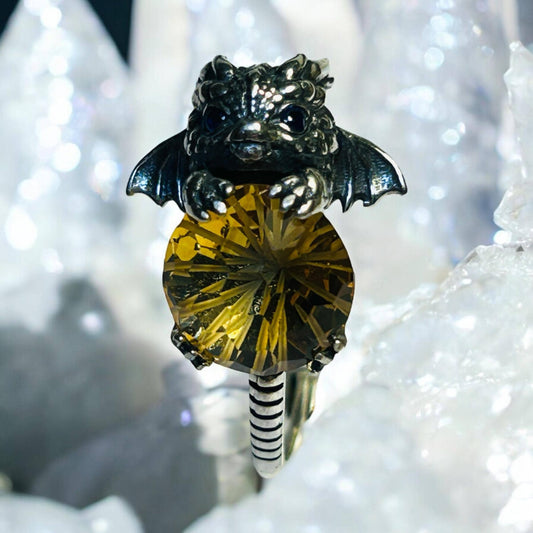 Baby Dragon 925 Silver Ring: Citrine Gemstone, Sapphire Eyes, Adjustable