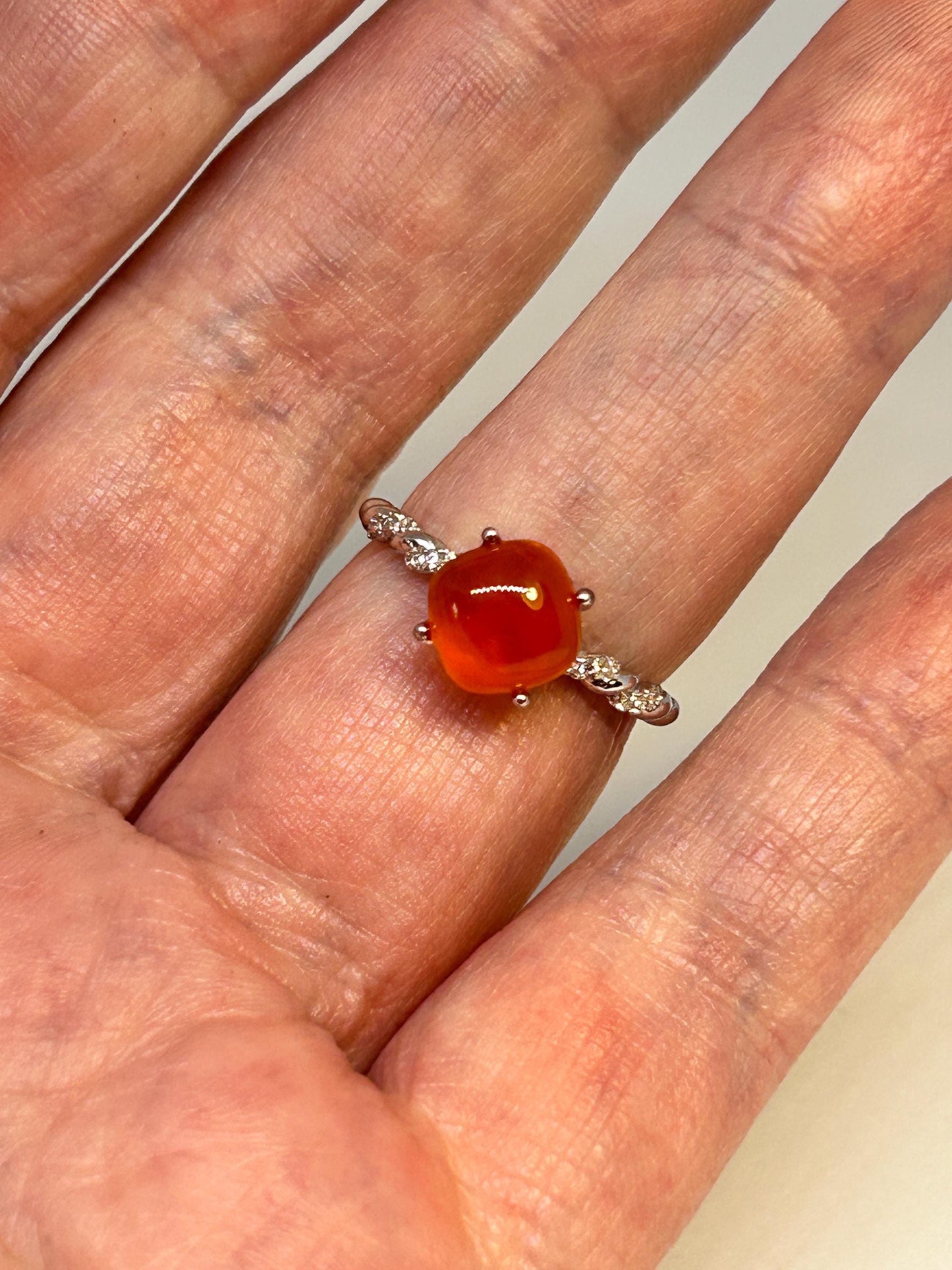 Dainty Stacking Ring with Orange Agate & CZ Accents • 925 Sterling Silver • Adjustable • Gift Box