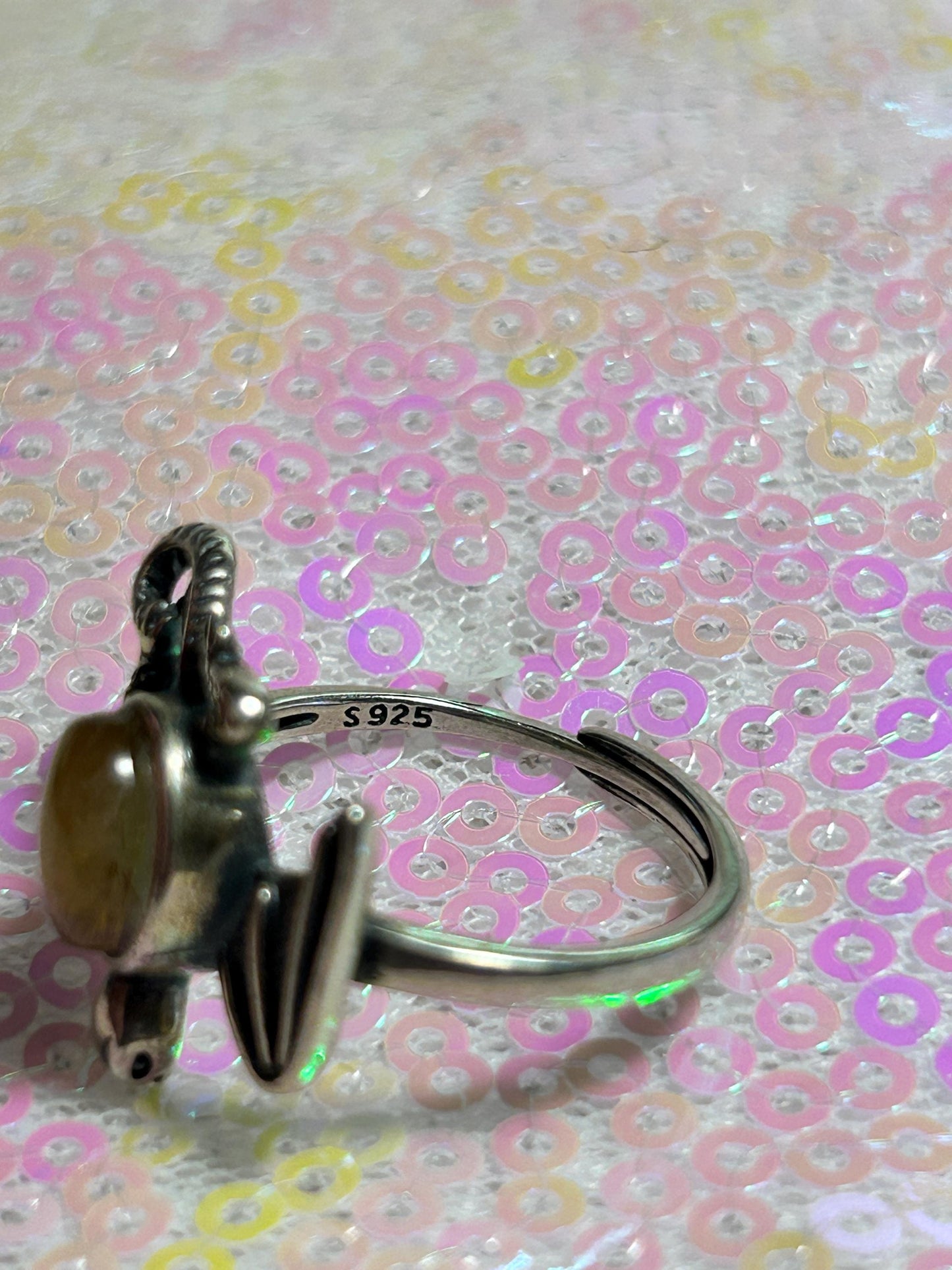 Silver Dragon Ring: Gold Rutilated Quartz Gemstone, Adjustable Band