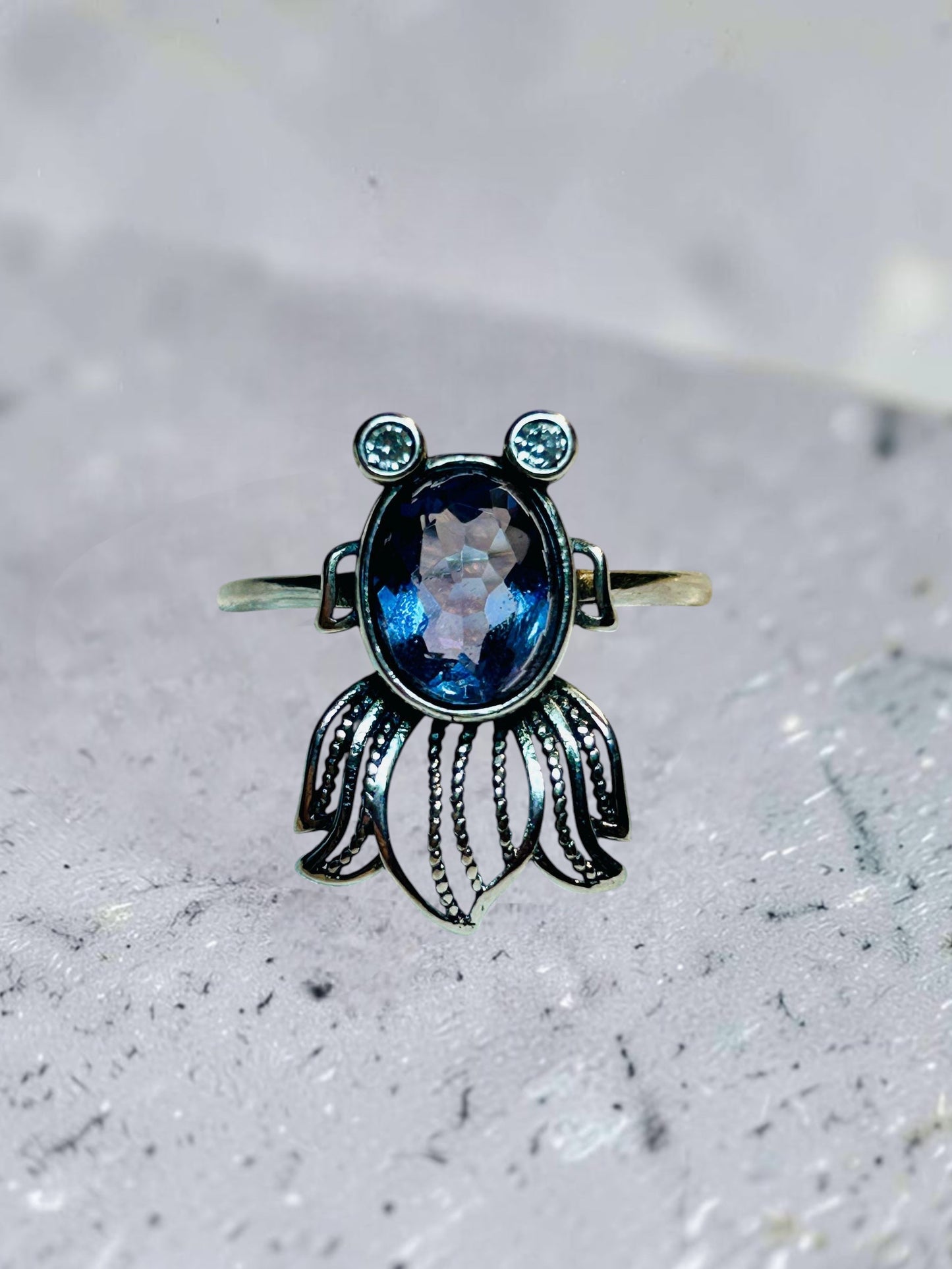 Fancy Fish Ring with Blue Fluorite Gemstone • 925 Sterling Silver • Adjustable • Gift Box