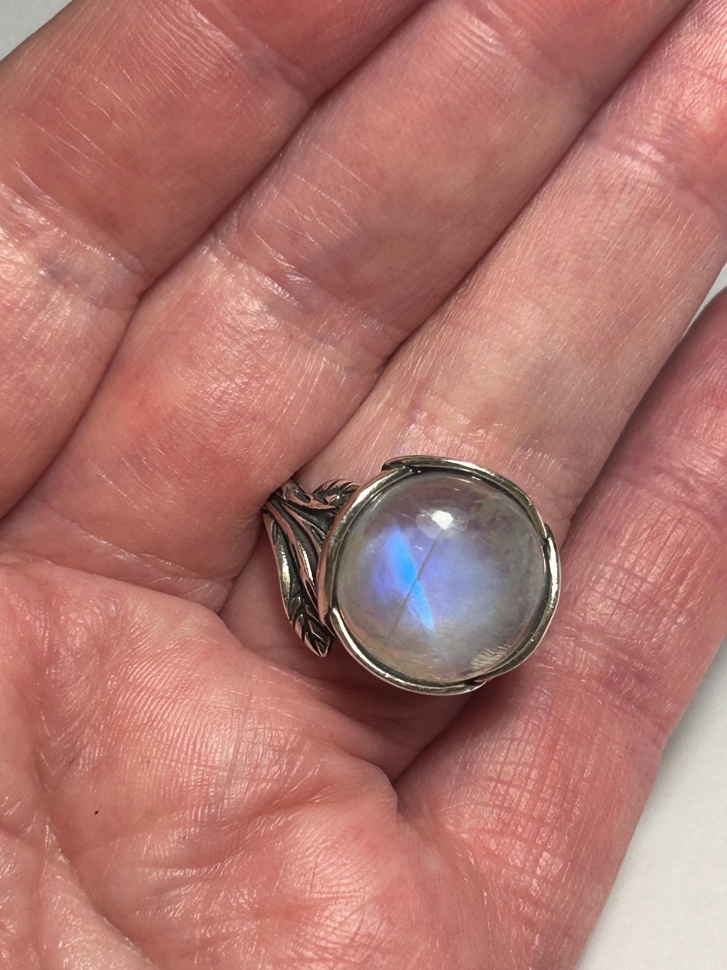 Large Moonstone Ring with Floral Theme • 925 Sterling Silver • Adjustable • Gift box