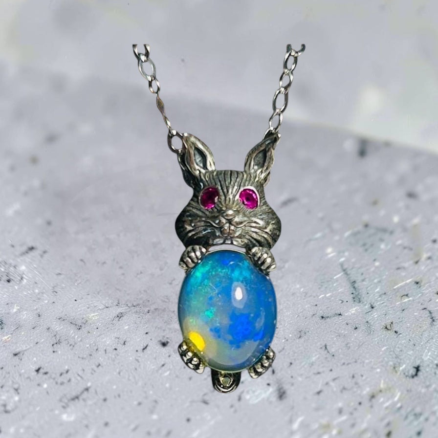 Rabbit Pendant with Opal Gemstone • 925 Sterling Silver • Gift Box