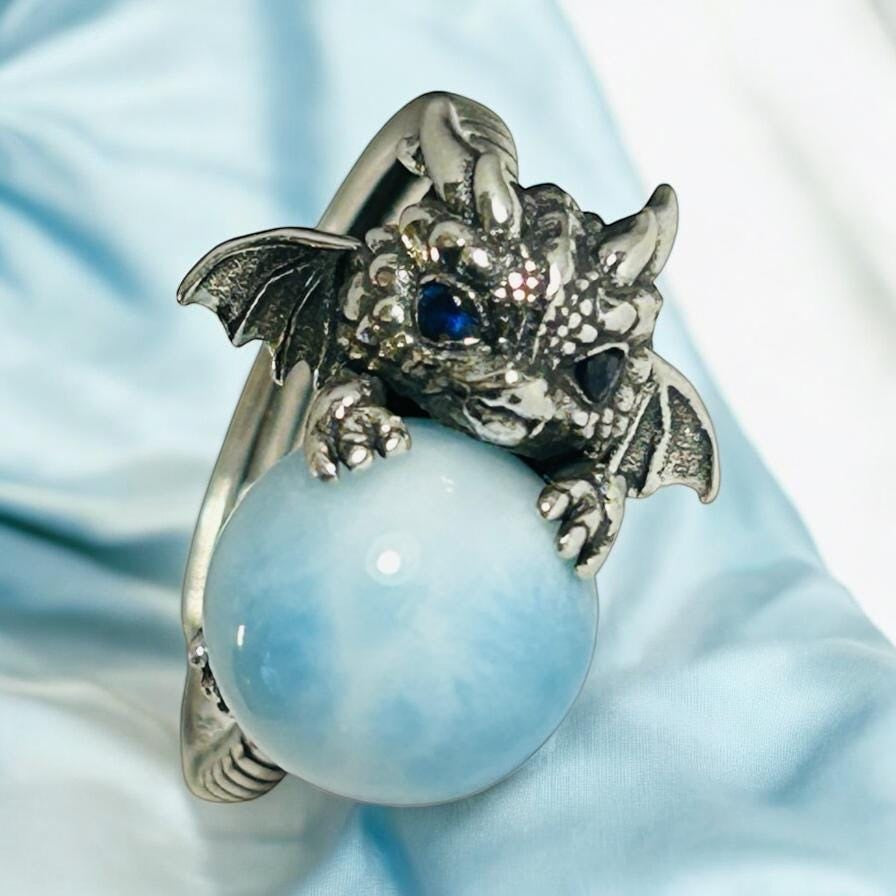 925 Silver Larimar Dragon Ring • Adjustable • Giftbox