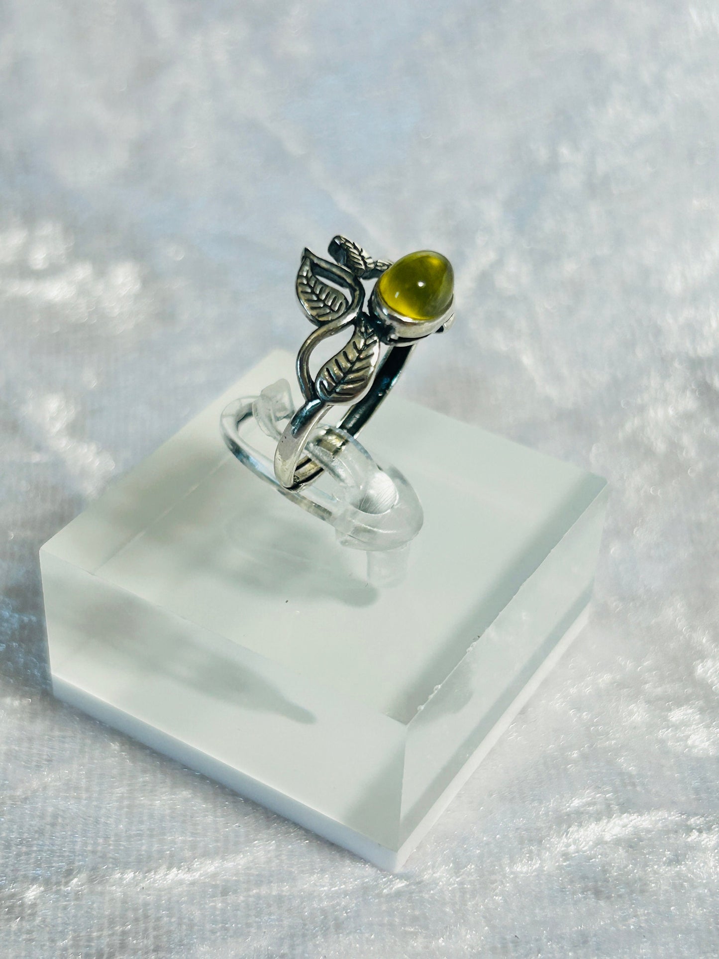 Golden Prehnite Ring: Sterling Silver Vine Leaf, Adjustable
