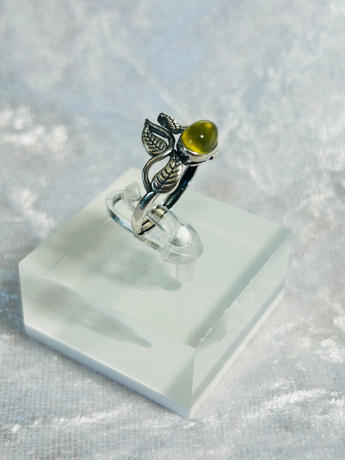 Vine Style Ring with Golden Prehnite Gemstone • 925 Sterling Silver • Adjustable • Gift box