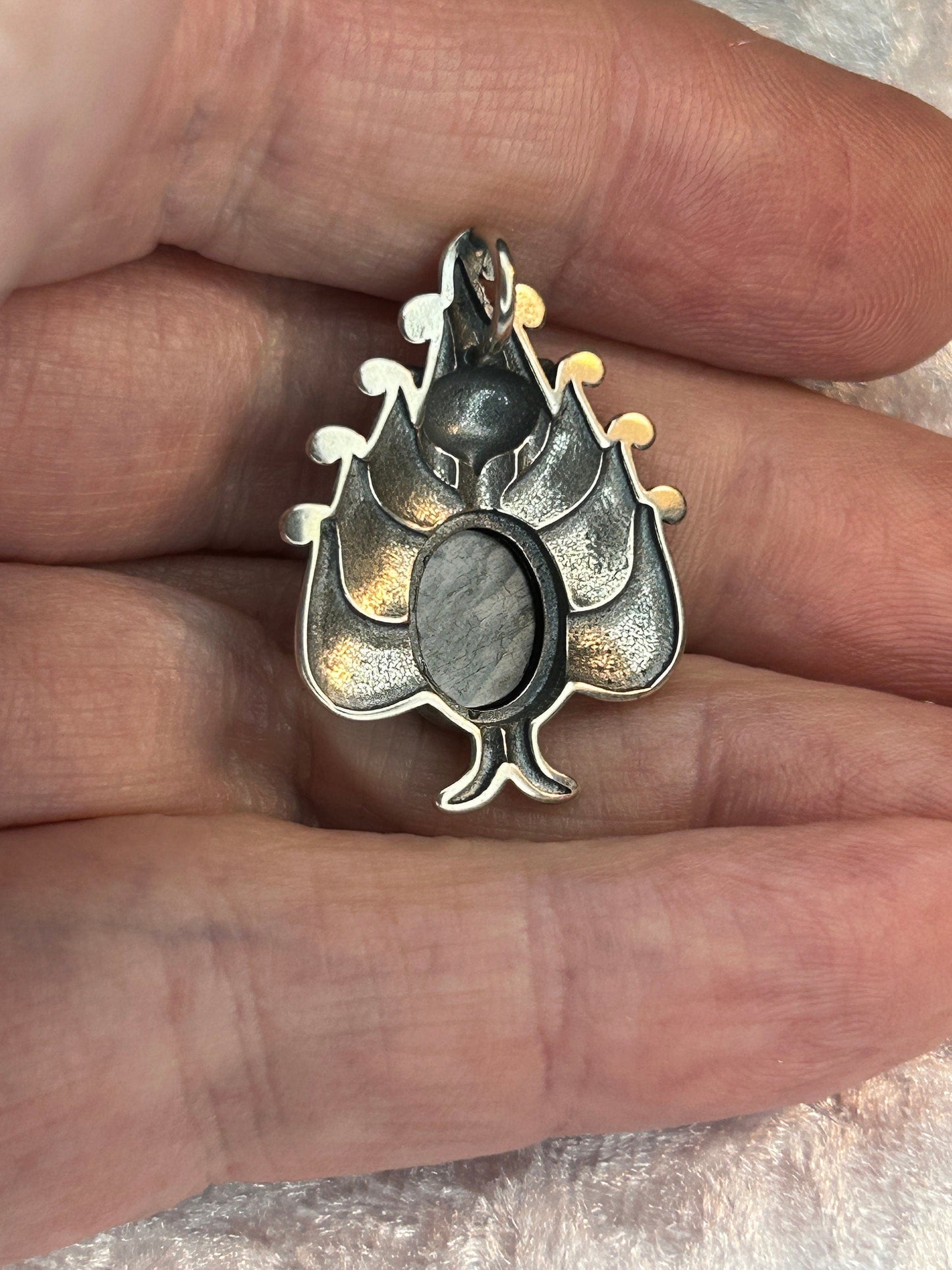 Nine Tailed Fox Pendant with Hypersthene Gemstone • 925 Sterling Silver Kitsune • Gift Box