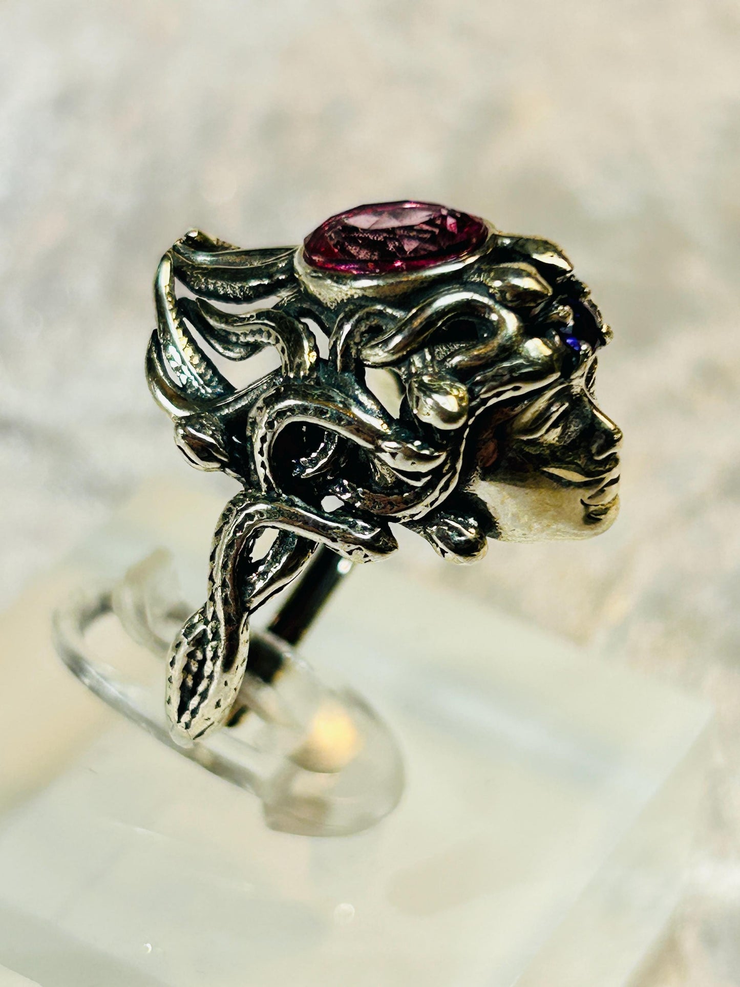 Mythical Medusa Ring with Pink Topaz & Amethyst Gemstones • 925 Sterling Silver • Adjustable • Gift box