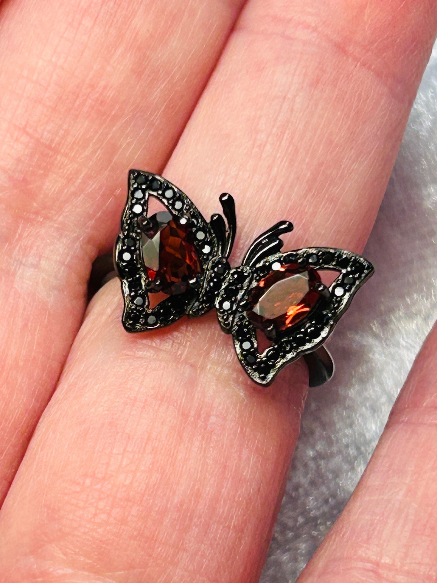 Black Butterfly Ring with Garnet Gemstones • 925 Sterling Silver • Black Ruthenium • Adjustable • Gift Box