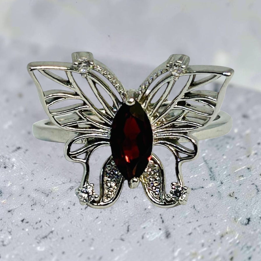 Ornate Butterfly Ring with Faceted Garnet Gemstone & CZ Accents • 925 Sterling Silver • Adjustable • Gift-box