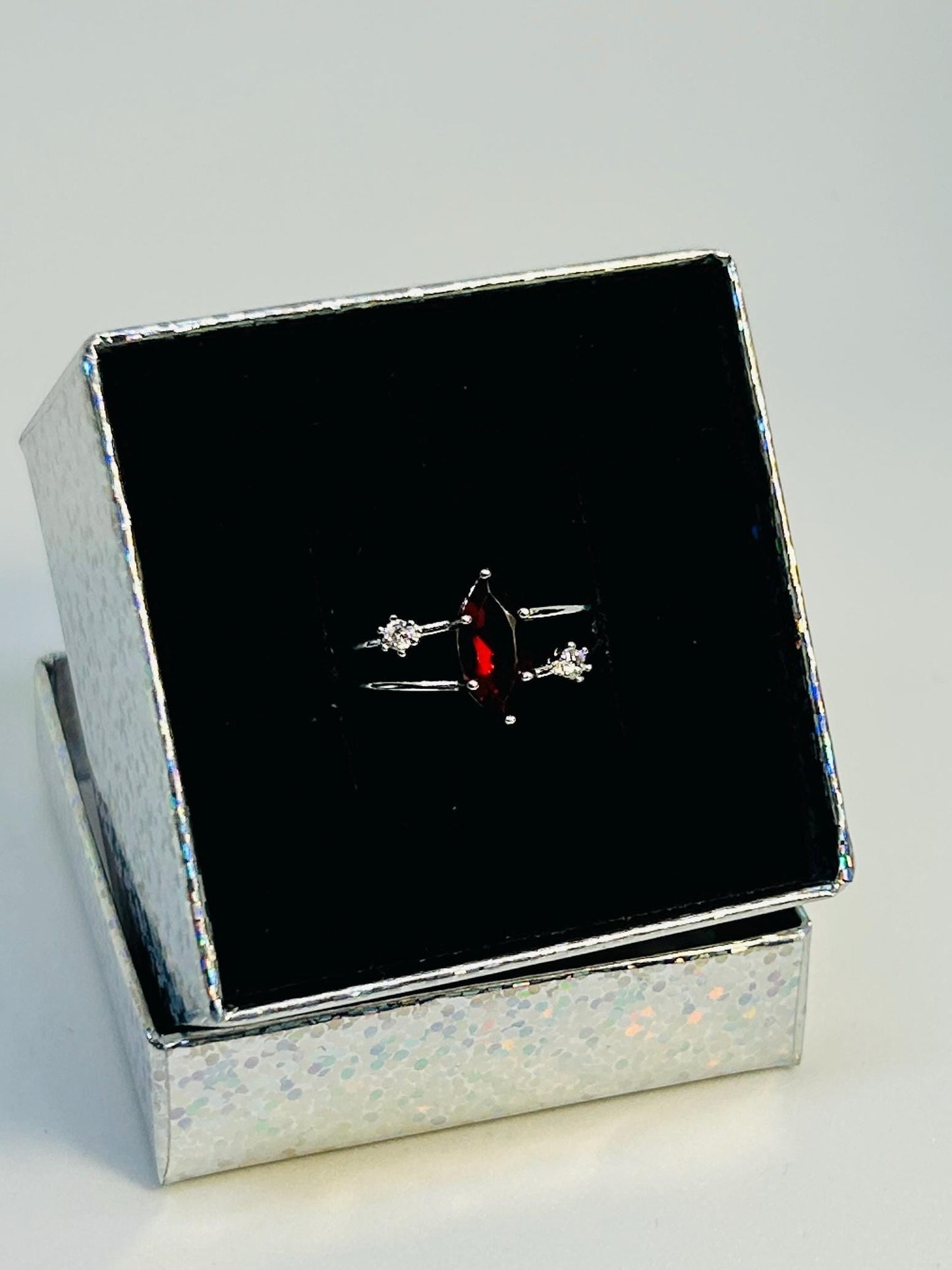 Double Banded Ring with Marquise Cut Garnet Gemstone & CZ Accents • 925 Sterling Silver • Adjustable • Gift Box