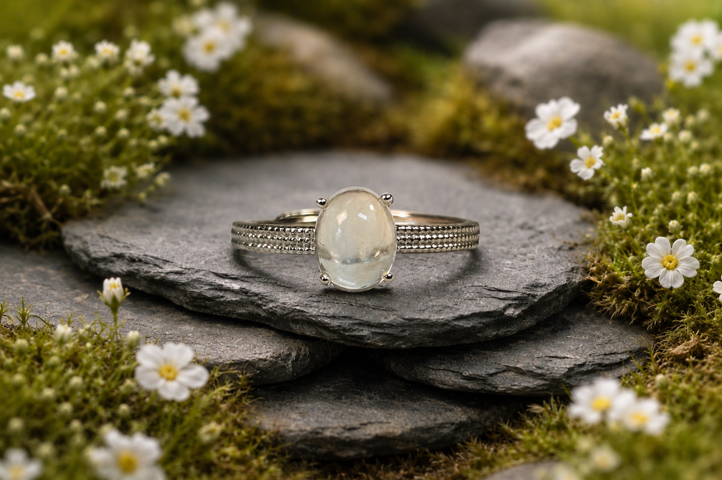 White Moonstone Ring • 925 Sterling Silver • Adjustable • Gift Box