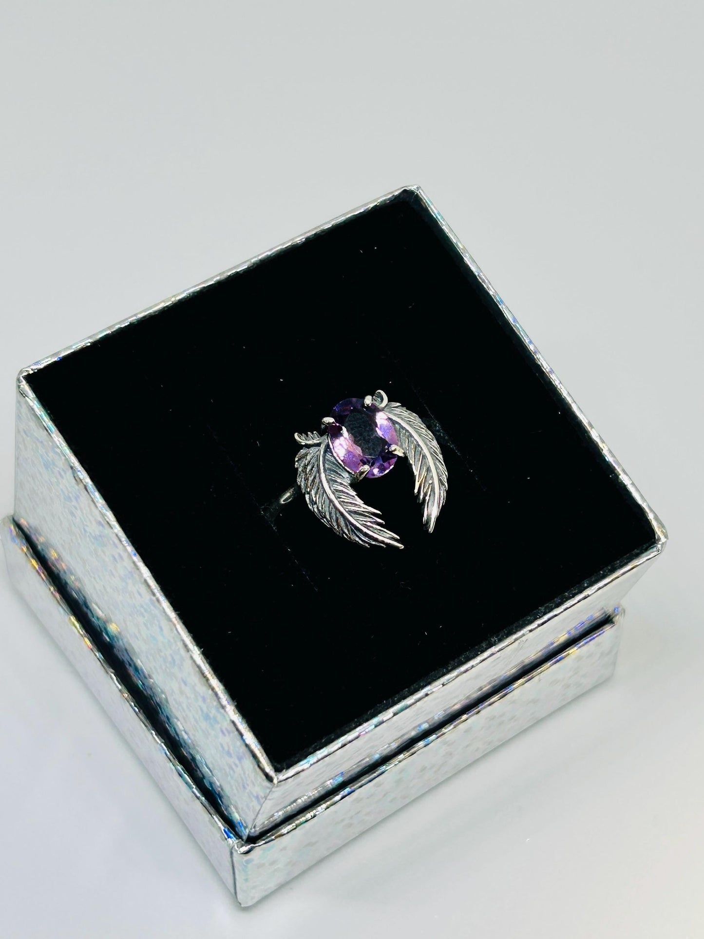Angel Wings Ring with Amethyst Gemstone • 925 Sterling Silver • Adjustable • Gift Box