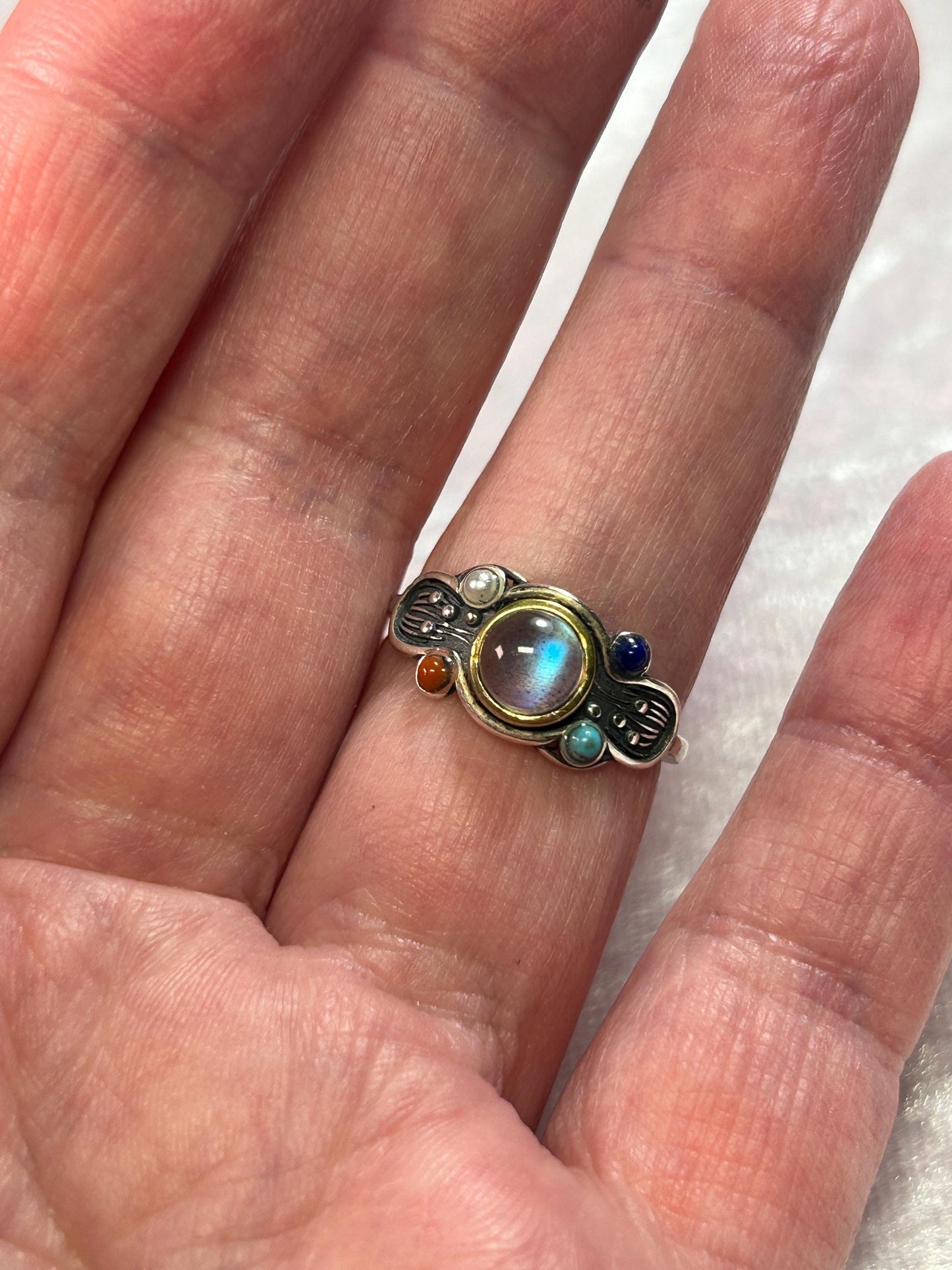 Multi Gemstone Ring with Labradorite, Pearl, Lapis & Coral • 925 Sterling Silver • Adjustable • Gift Box