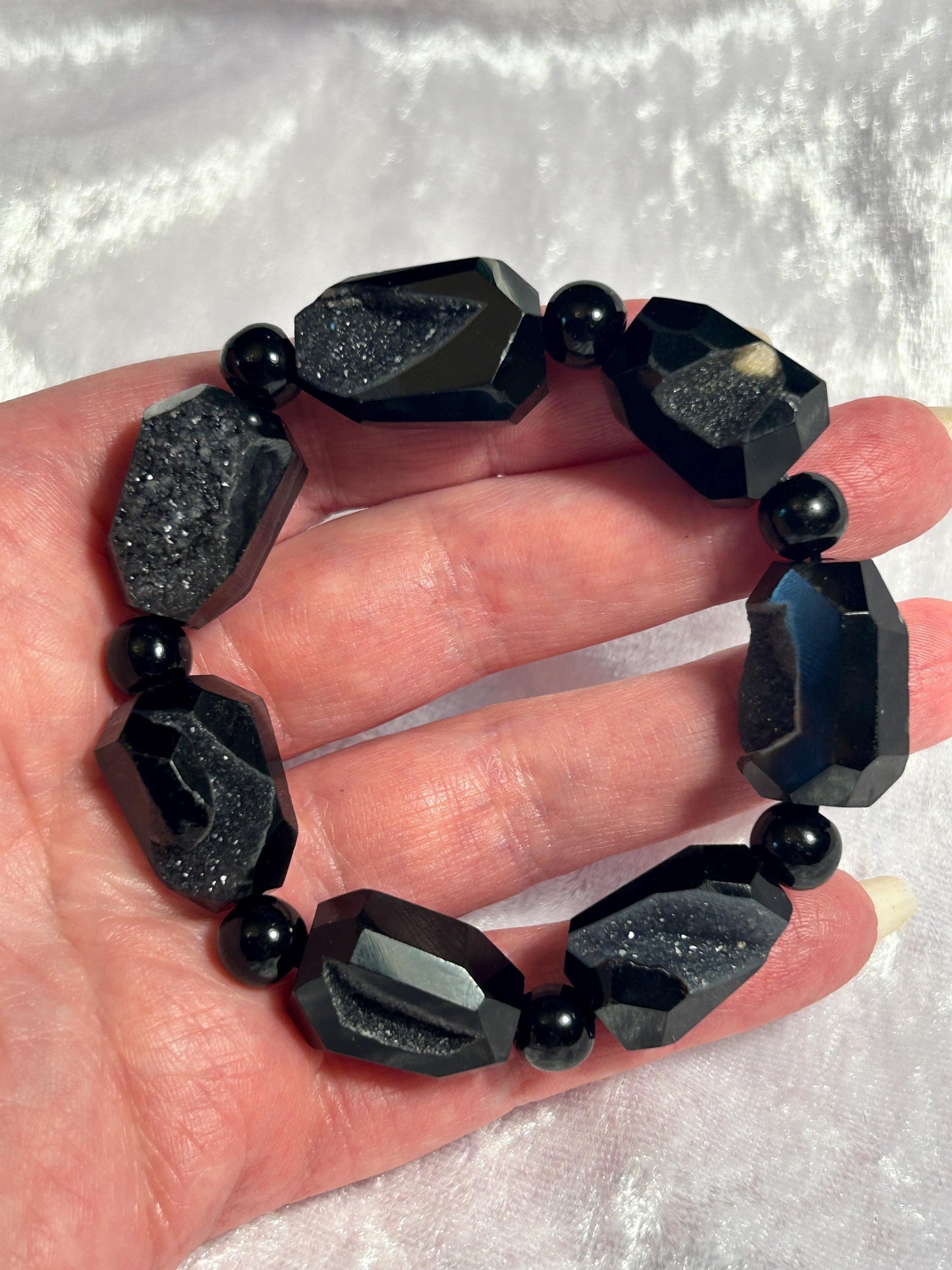Black Agate Druzy Bracelet: Chunky Gemstone Jewelry, Adjustable