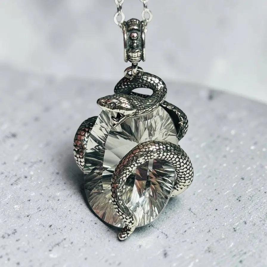 Coiled Snake Pendant with Clear Quartz Gemstone • 925 Sterling Silver • Gift Box Celtic Dragon Jewellery