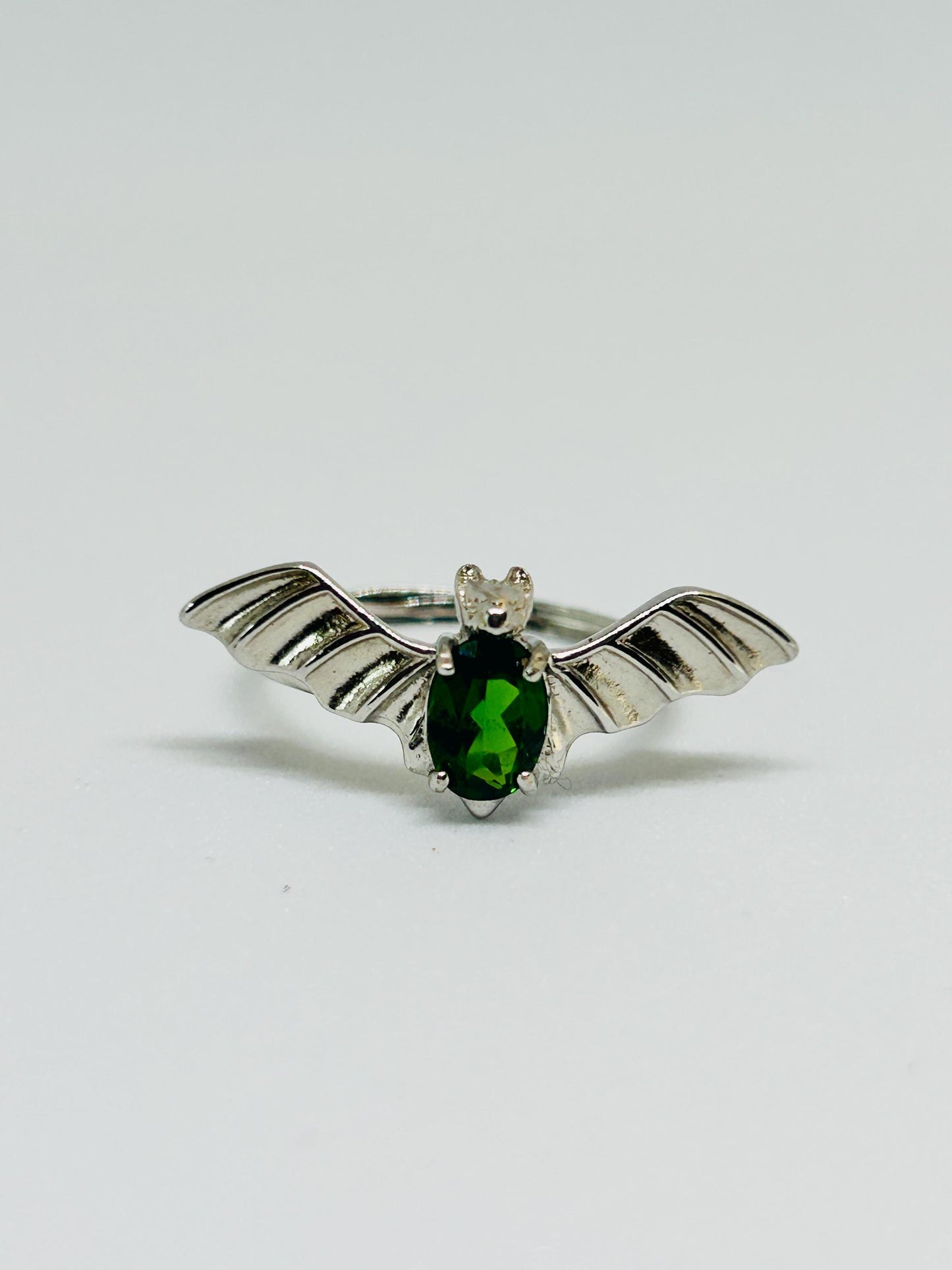 Sterling Silver Bat Ring: Faceted Diopside Gemstone, Adjustable Band
