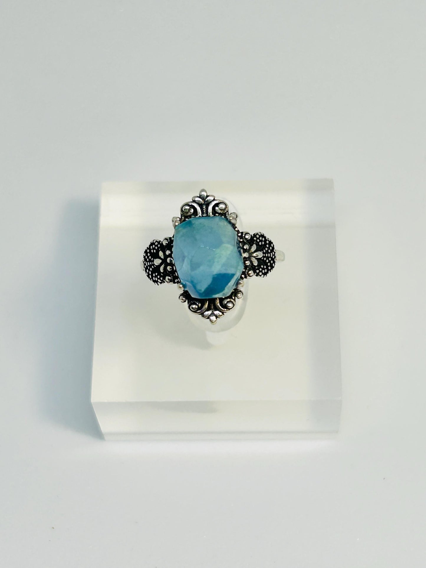 Fleur De Lys Ring with Aquamarine Gemstone • 925 Sterling Silver • Adjustable • Gift Box