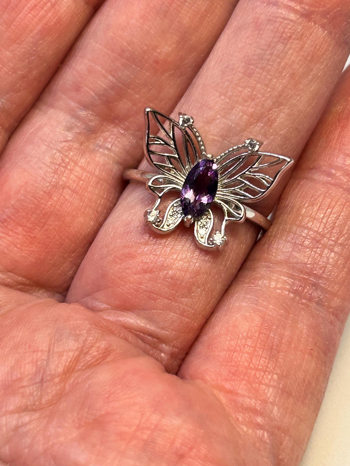 Ornate Butterfly Ring with Faceted Amethyst Gemstone & CZ Accents • 925 Sterling Silver • Adjustable • Gift Box