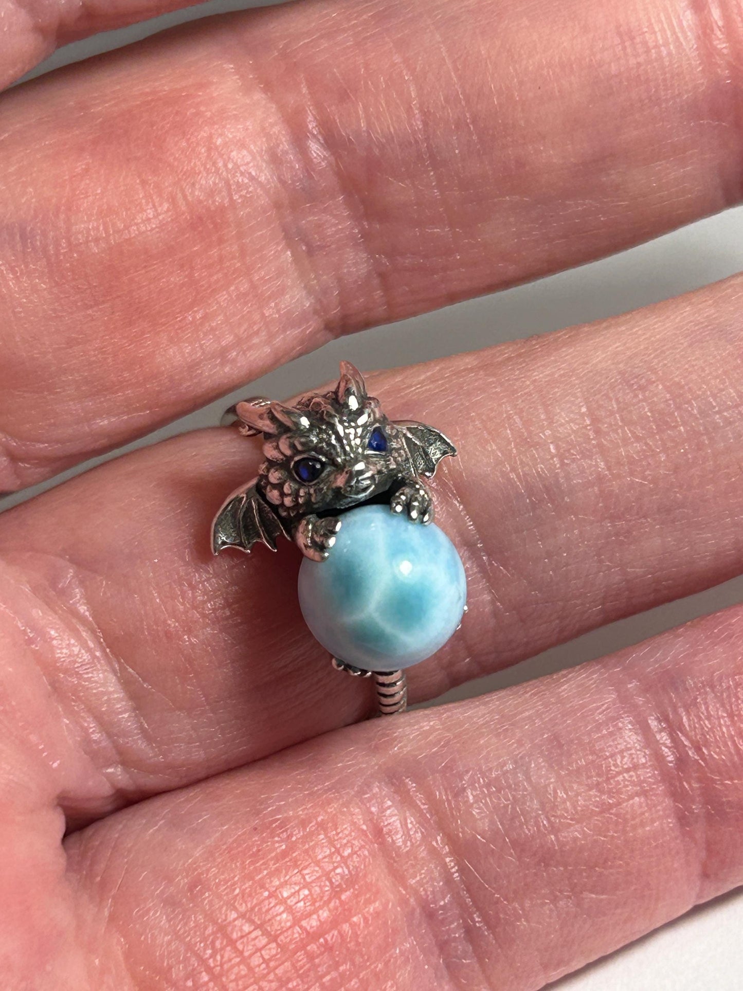 Baby Dragon Ring with Larimar Gemstone • 925 Sterling Silver • Adjustable • Gift box